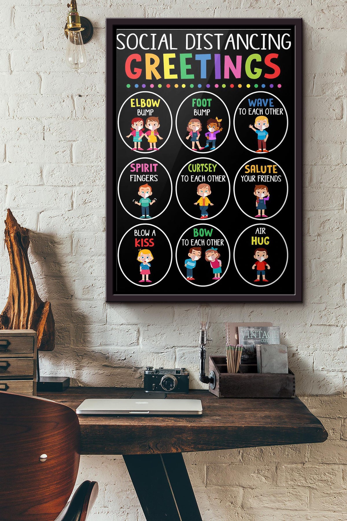 Classroom Social Distancing Greetings Poster Framed Matte Canvas