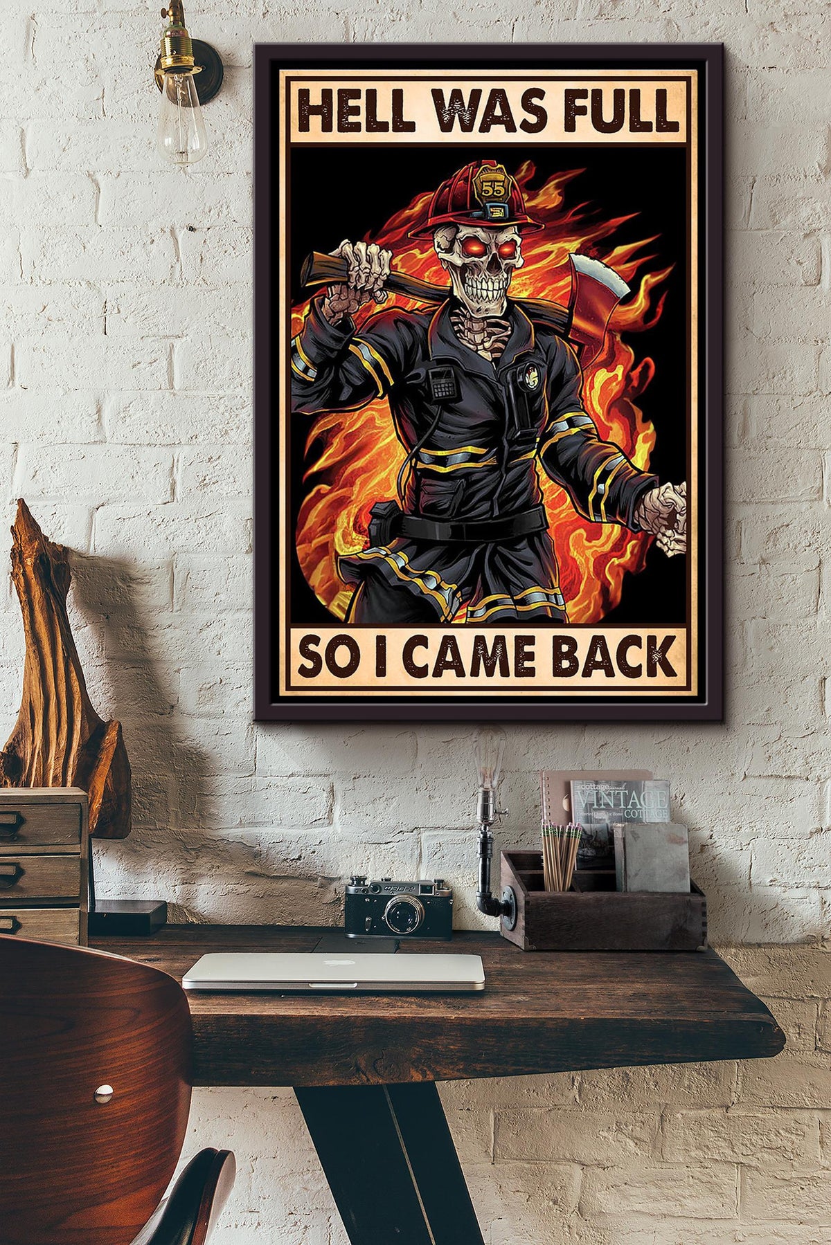 Hell Was Full So I Came Back Bones Firefighter With His Poleaxe Poster Framed Matte Canvas