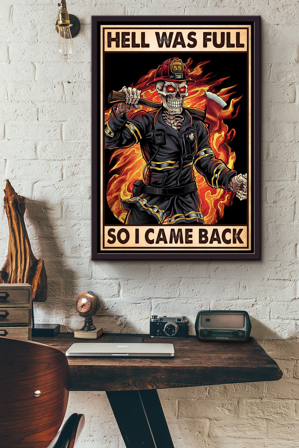 Hell Was Full So I Came Back Bones Firefighter With His Poleaxe Poster Framed Matte Canvas