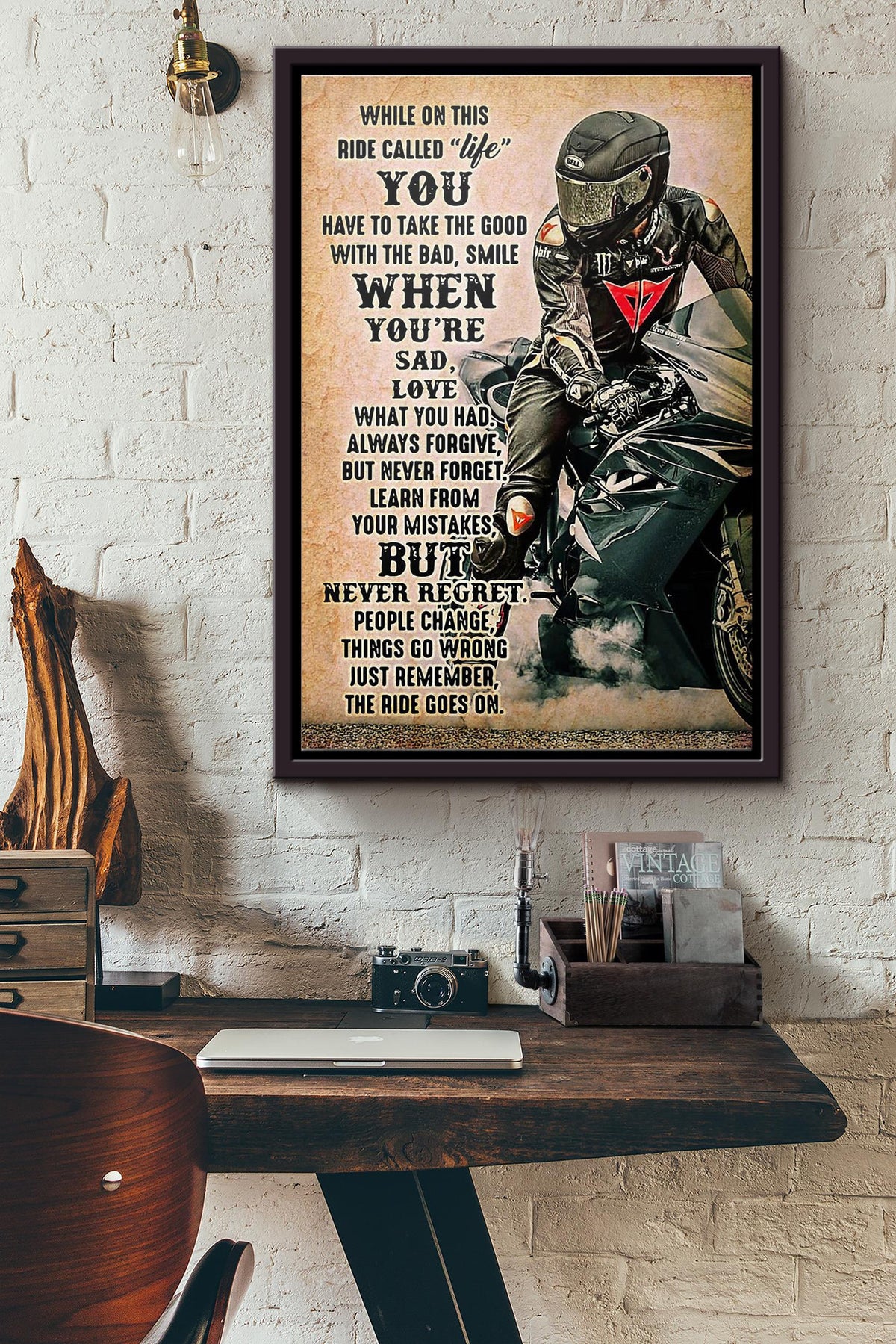 Biker While On This Ride Called Life Poster Framed Matte Canvas