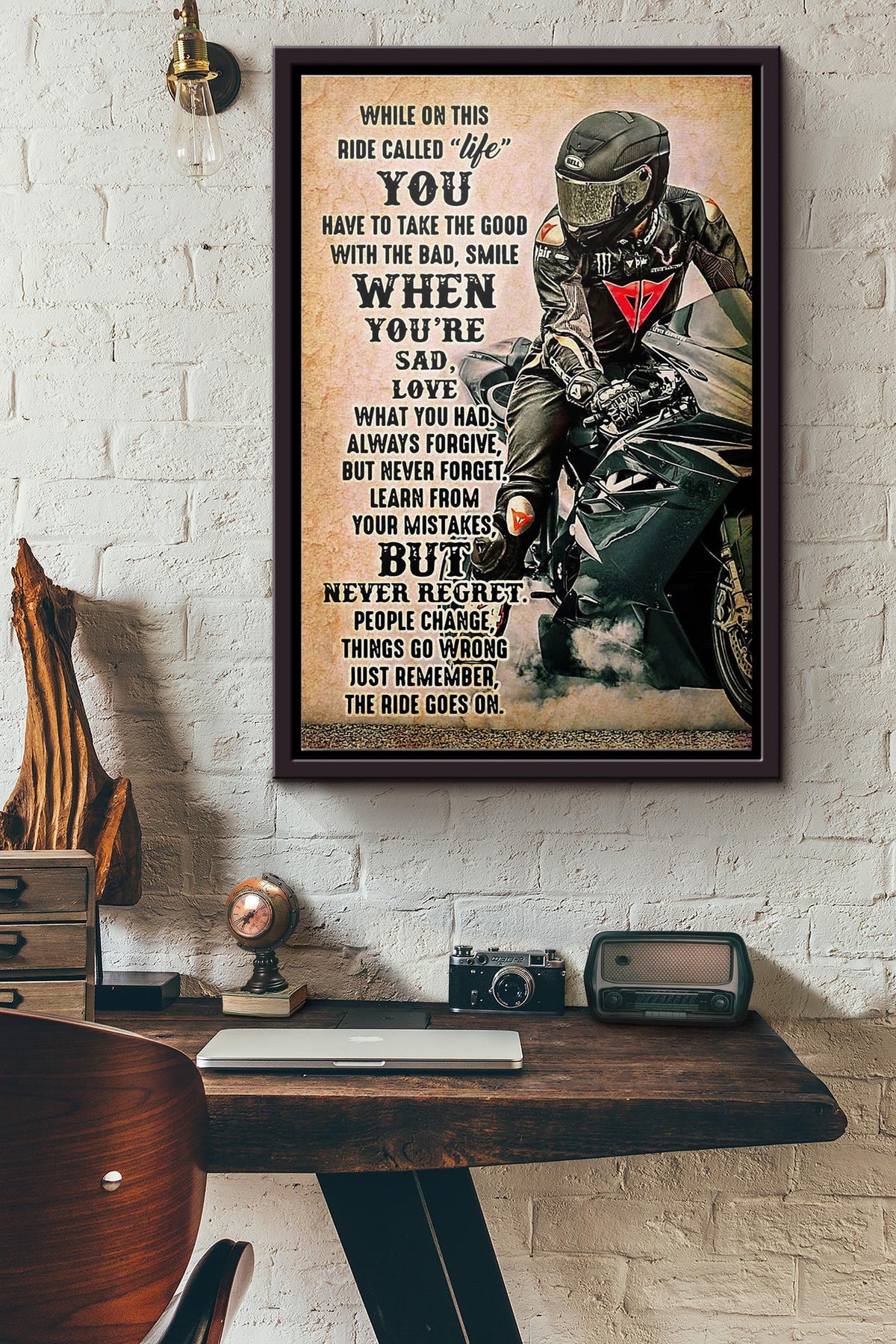 Biker While On This Ride Called Life Poster Framed Matte Canvas