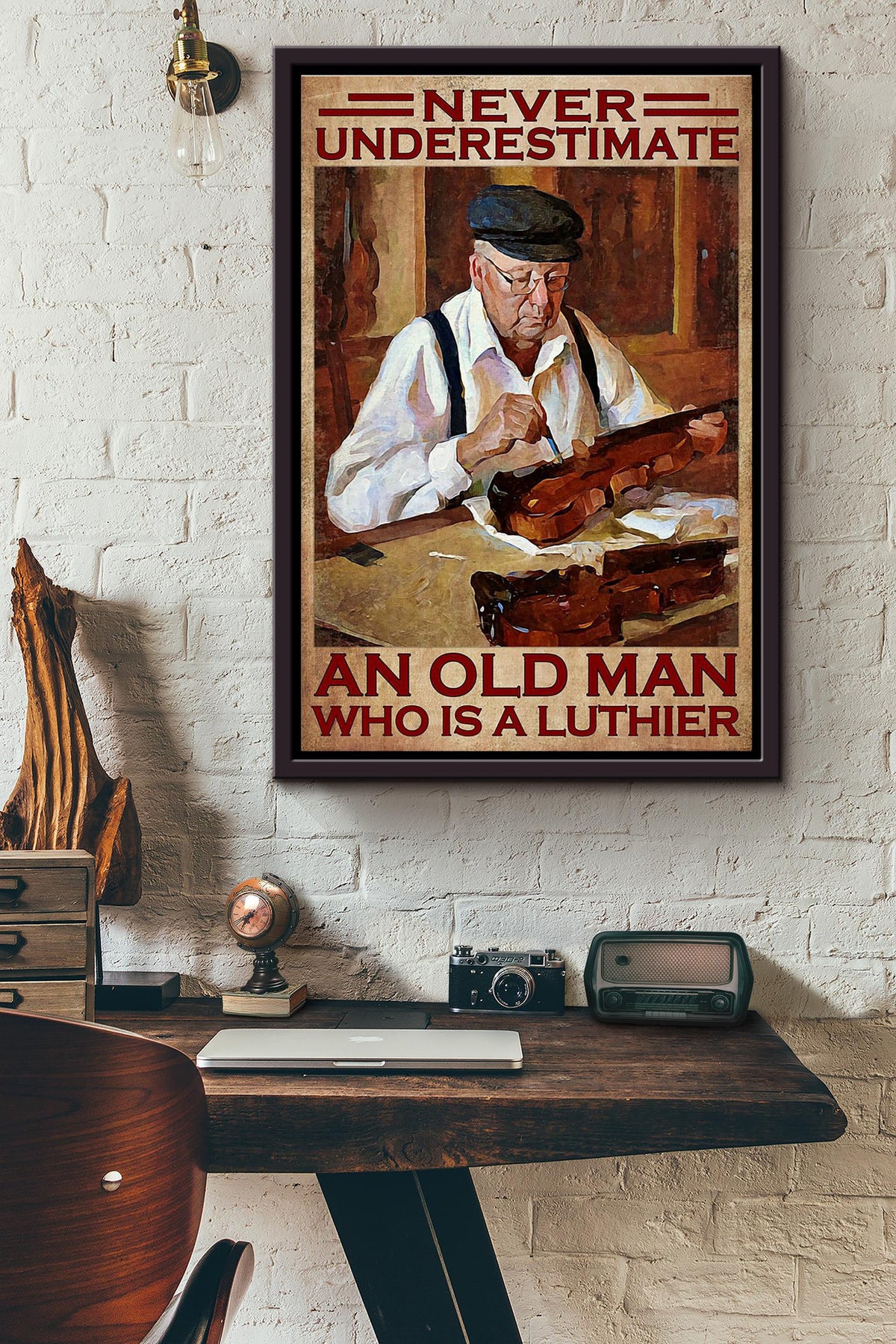 Never Underestimate An Old Man Who Is A Luthier Violin Poster Framed Matte Canvas