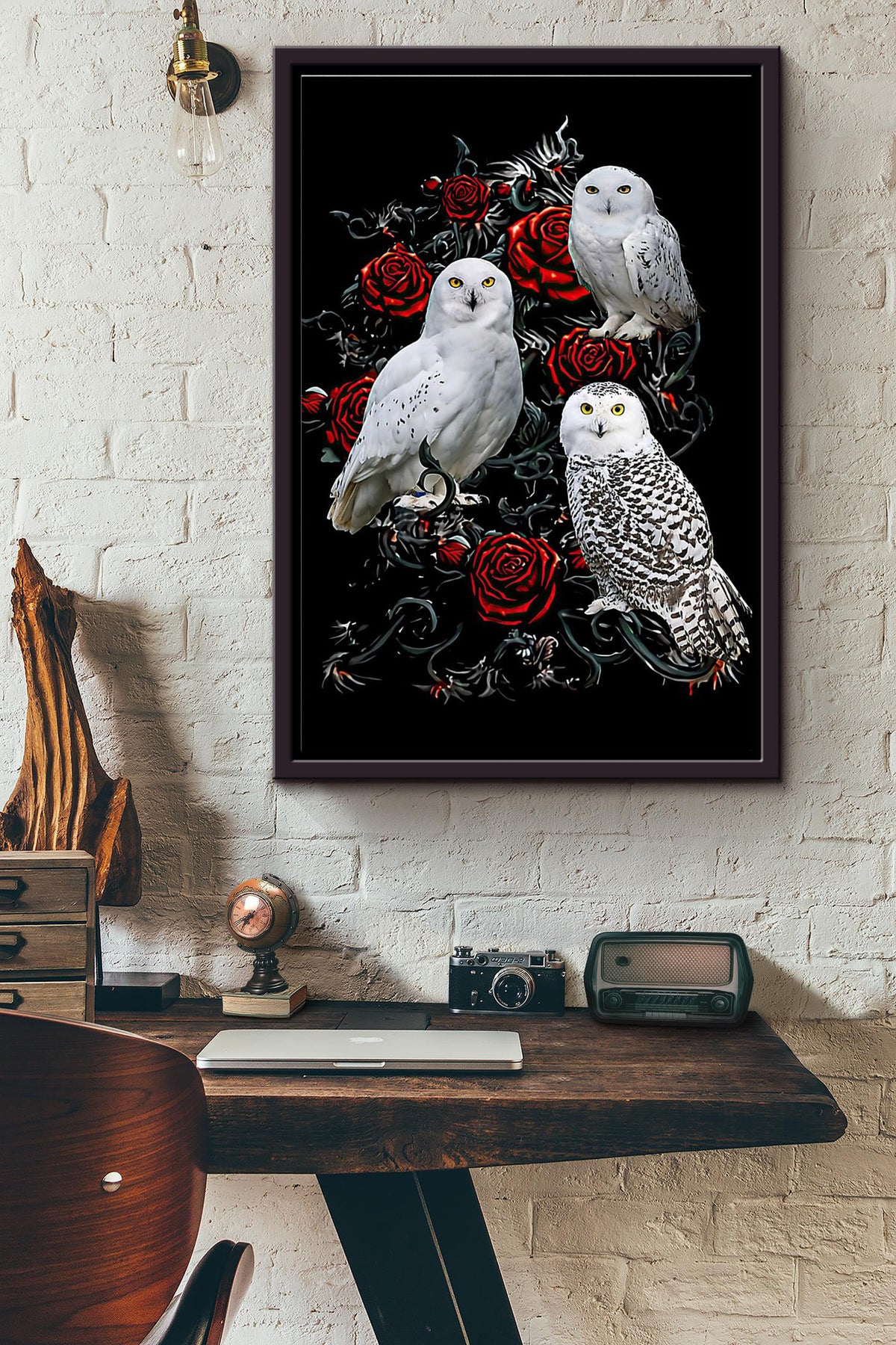 Owls And Roses Poster Framed Matte Canvas