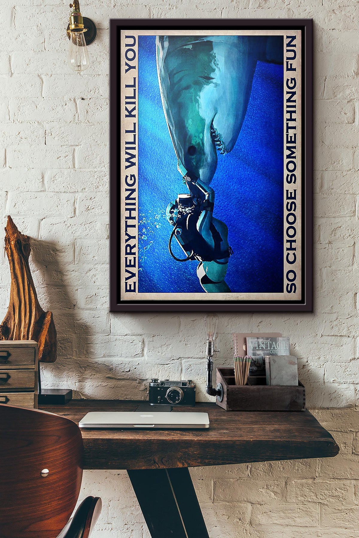 Diver Shark Everything Will Kill You So Choose Something Fun Poster Framed Matte Canvas