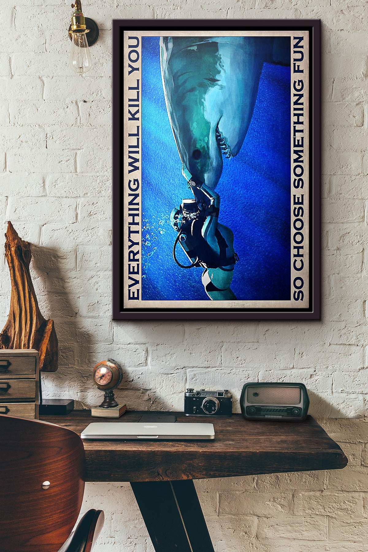 Diver Shark Everything Will Kill You So Choose Something Fun Poster Framed Matte Canvas
