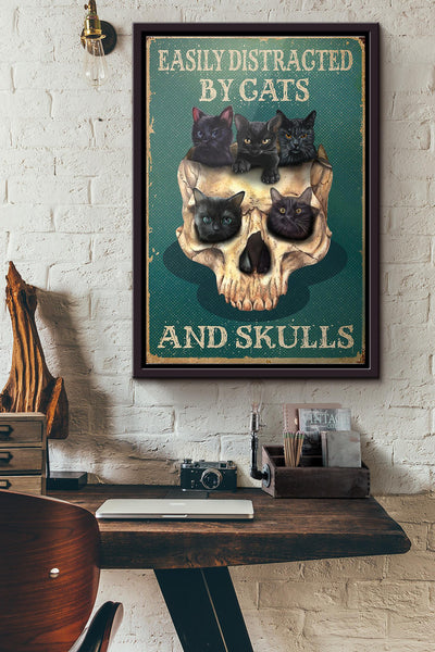 Easily Distracted By Cats And Skulls Poster Framed Matte Canvas