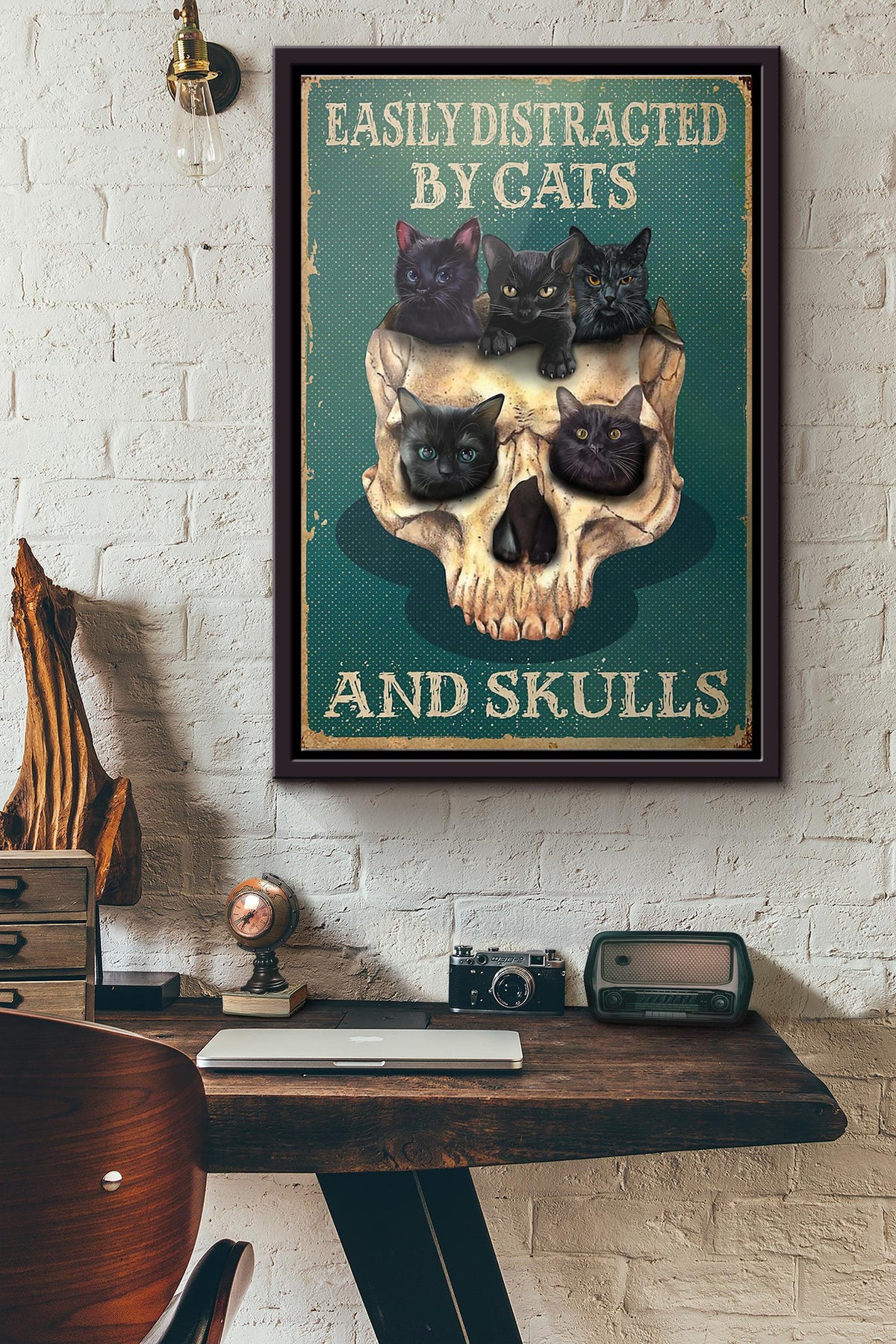 Easily Distracted By Cats And Skulls Poster Framed Matte Canvas