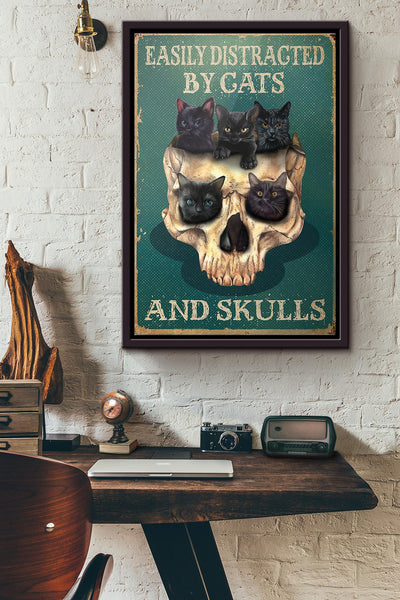 Easily Distracted By Cats And Skulls Poster Framed Matte Canvas