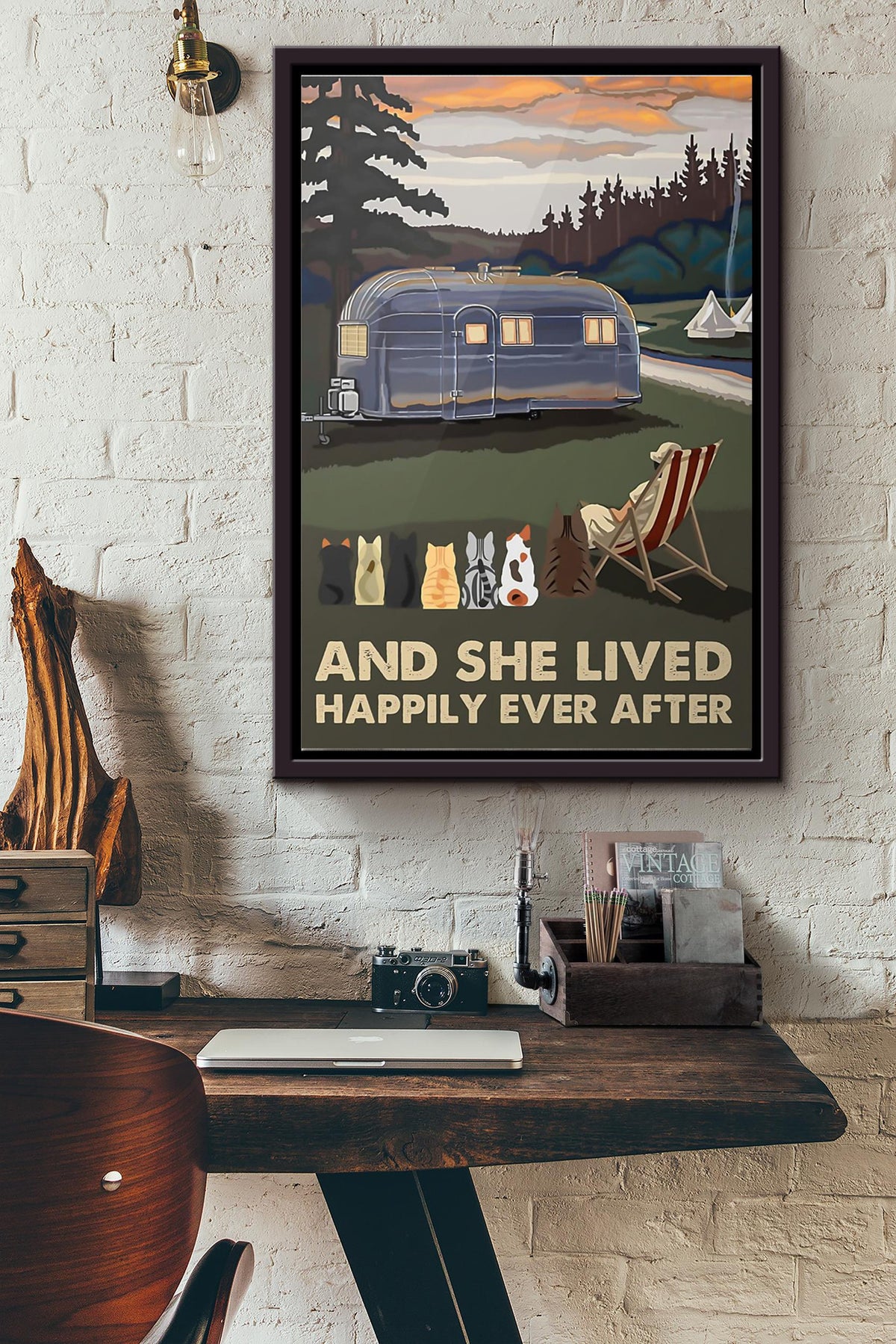 Camping And Cats And She Lived Happily Ever After Poster Framed Matte Canvas