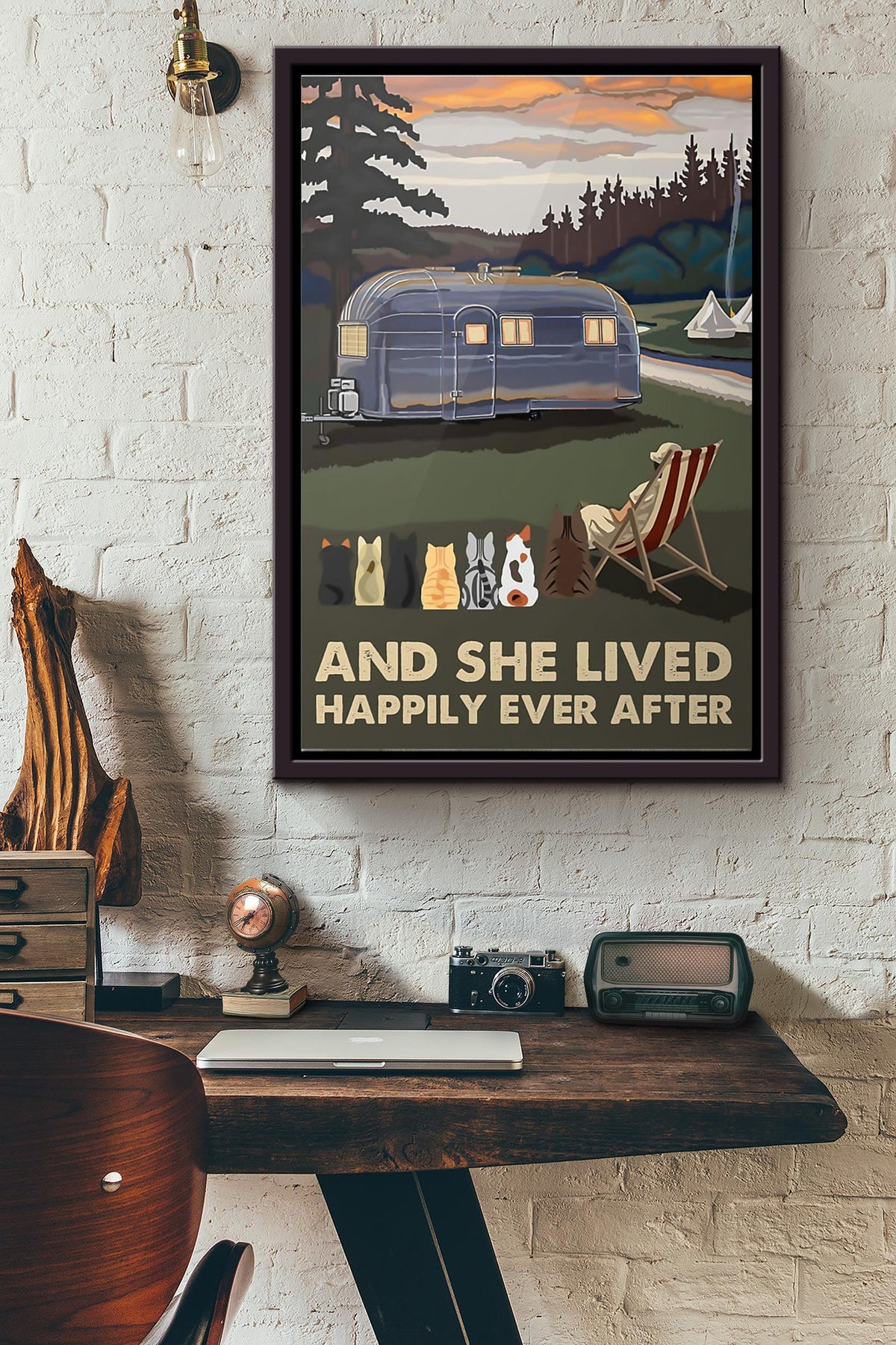 Camping And Cats And She Lived Happily Ever After Poster Framed Matte Canvas