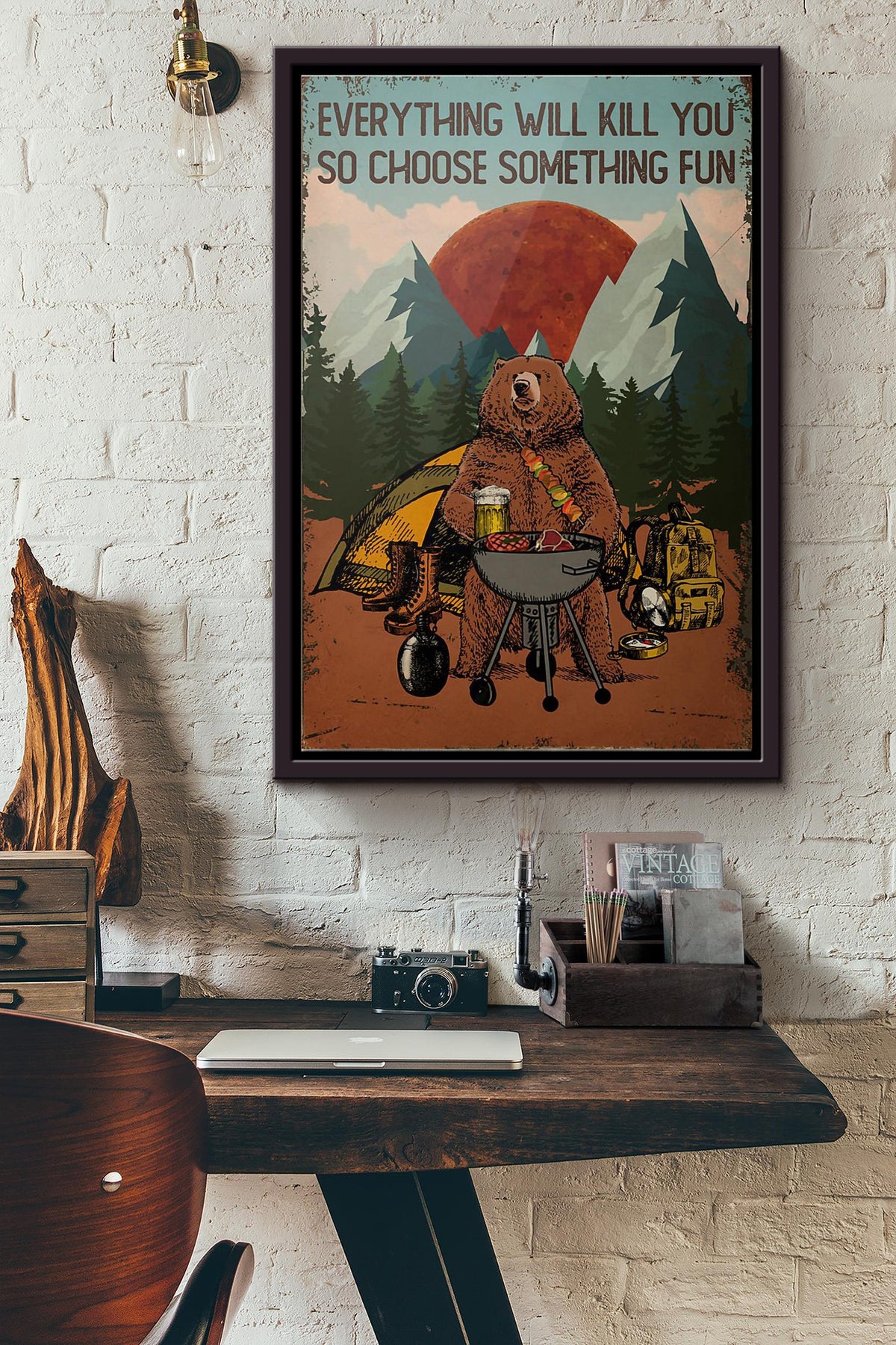 Grilling Bear Camping Everything Will Kill You So Choose Something Fun Poster Framed Matte Canvas