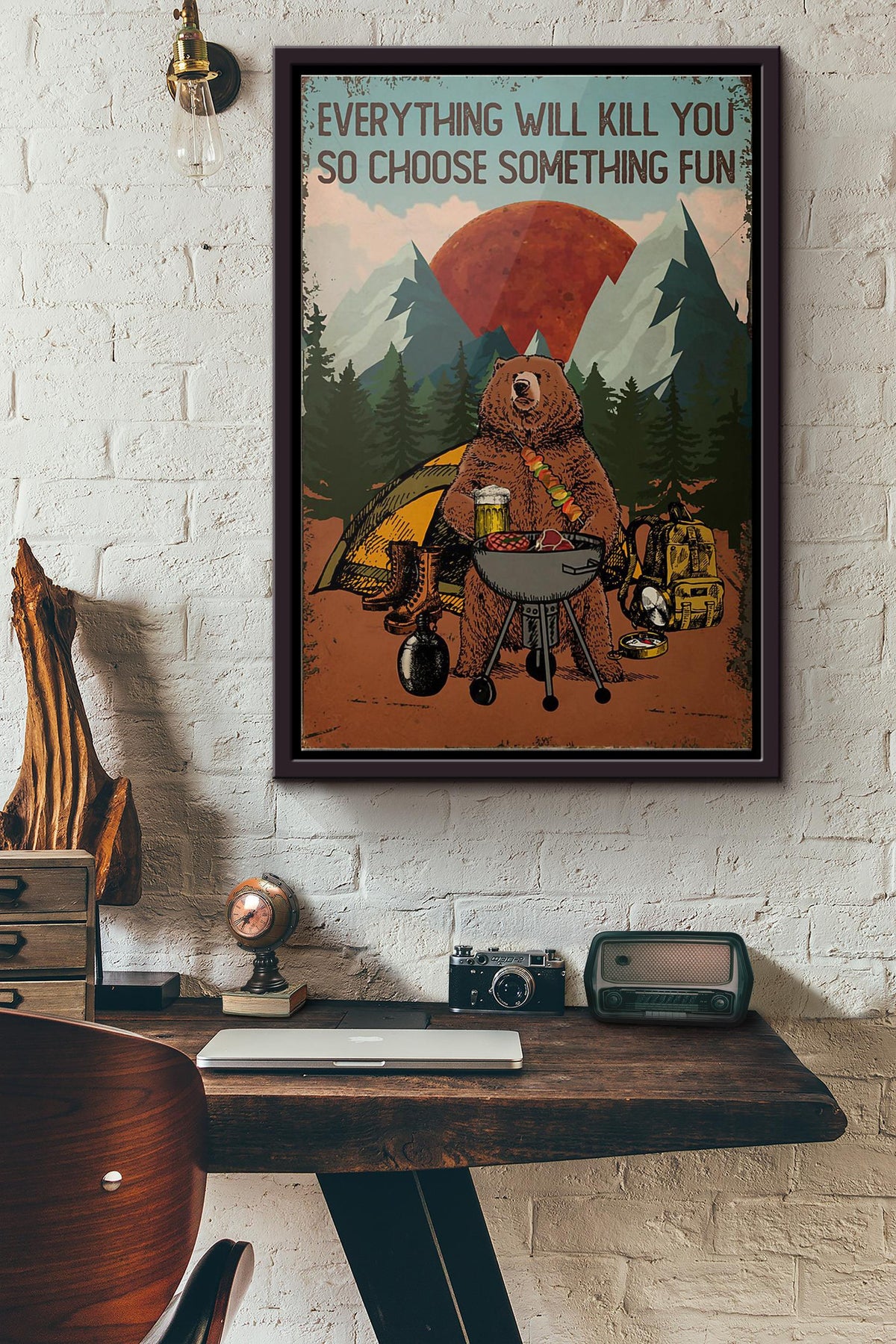 Grilling Bear Camping Everything Will Kill You So Choose Something Fun Poster Framed Matte Canvas