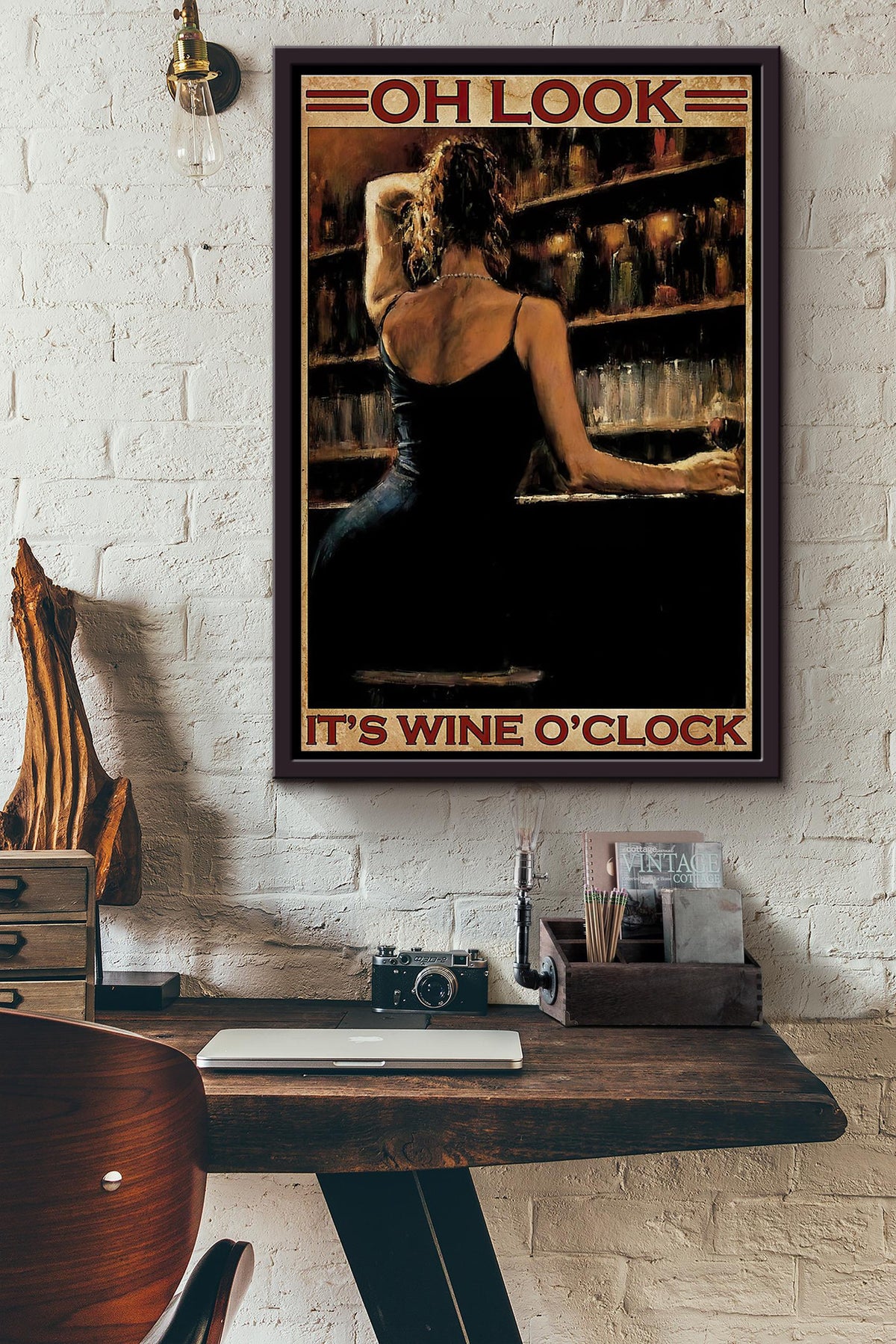 Bartender Oh Look Its Wine Its Wine Oclock Poster Framed Matte Canvas