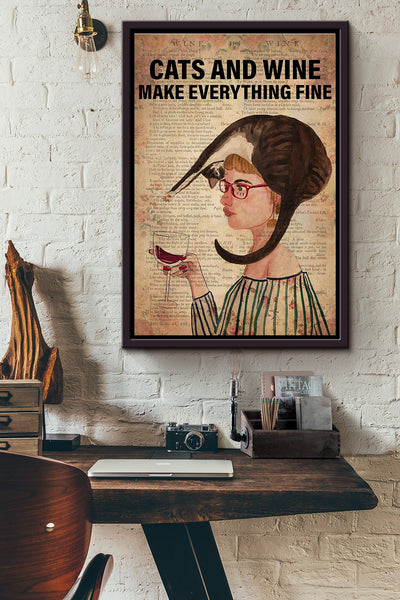 Cats And Wine Make Everything Fine Dictionary Poster Framed Matte Canvas