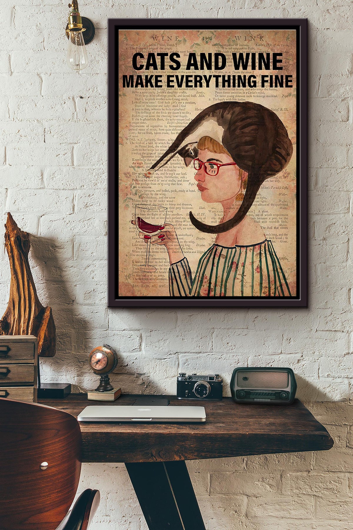 Cats And Wine Make Everything Fine Dictionary Poster Framed Matte Canvas