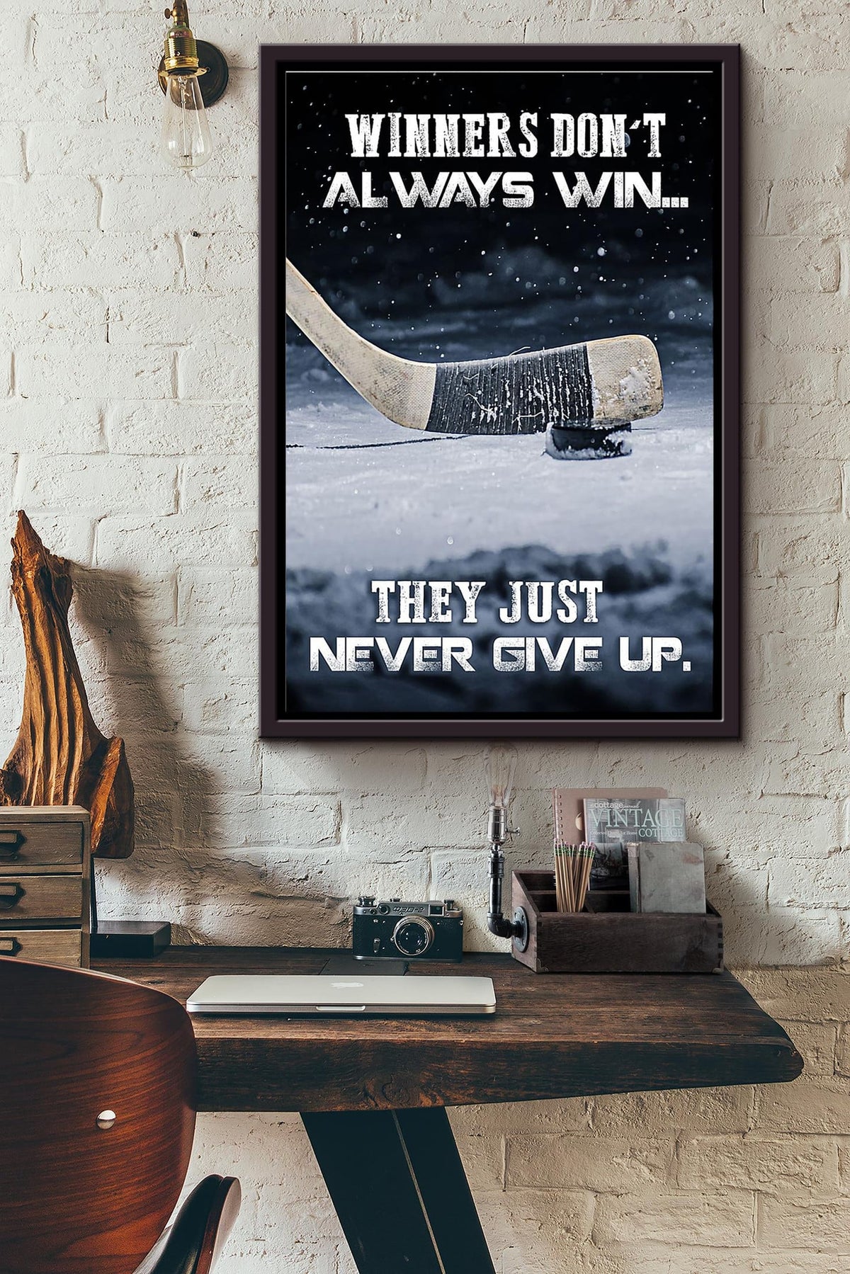 Winners Dont Always Win They Just Never Give Up Hockey Player Poster Framed Matte Canvas