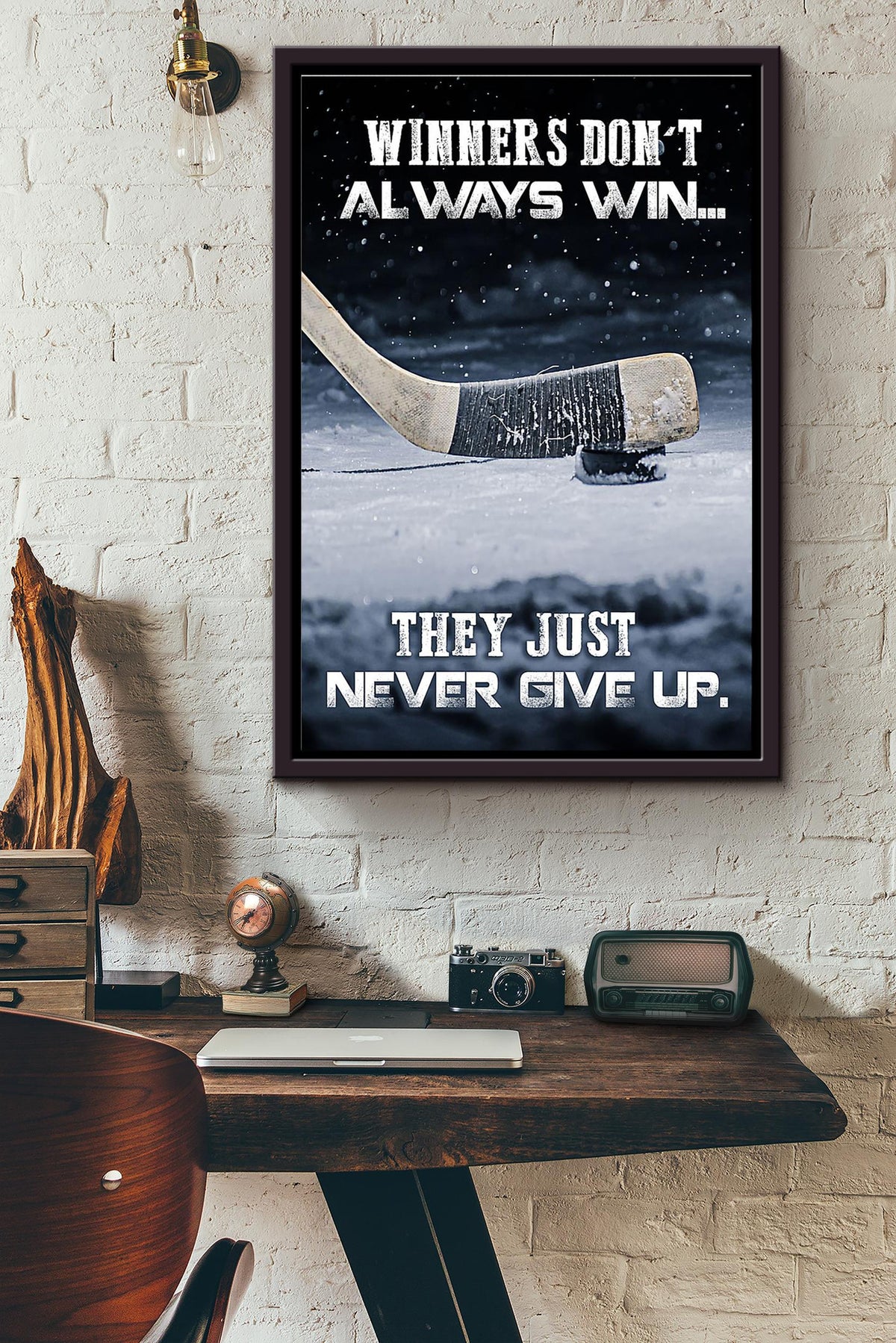 Winners Dont Always Win They Just Never Give Up Hockey Player Poster Framed Matte Canvas
