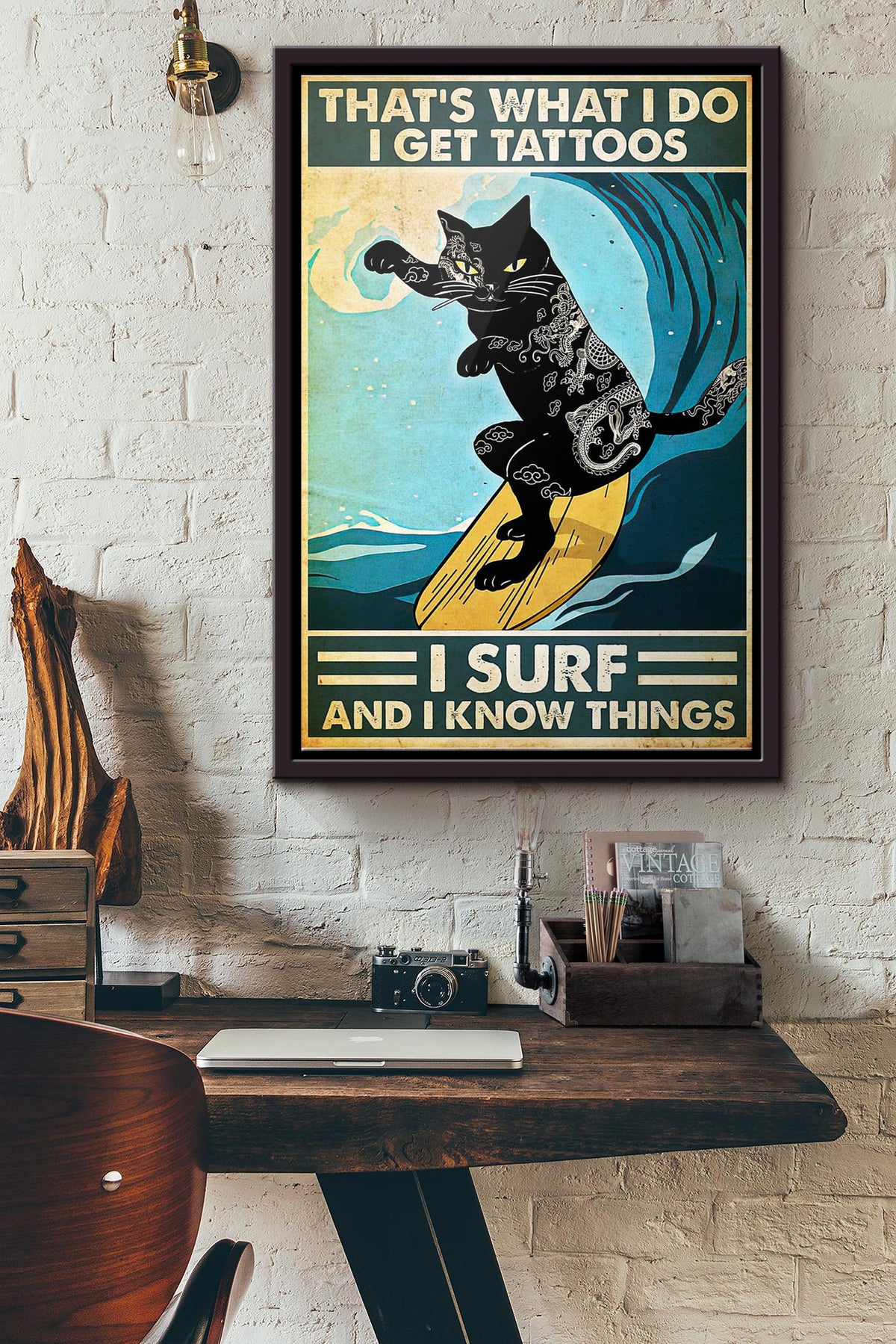 Cat Surfing Thats What I Do I Get Tattoos Poster Framed Matte Canvas