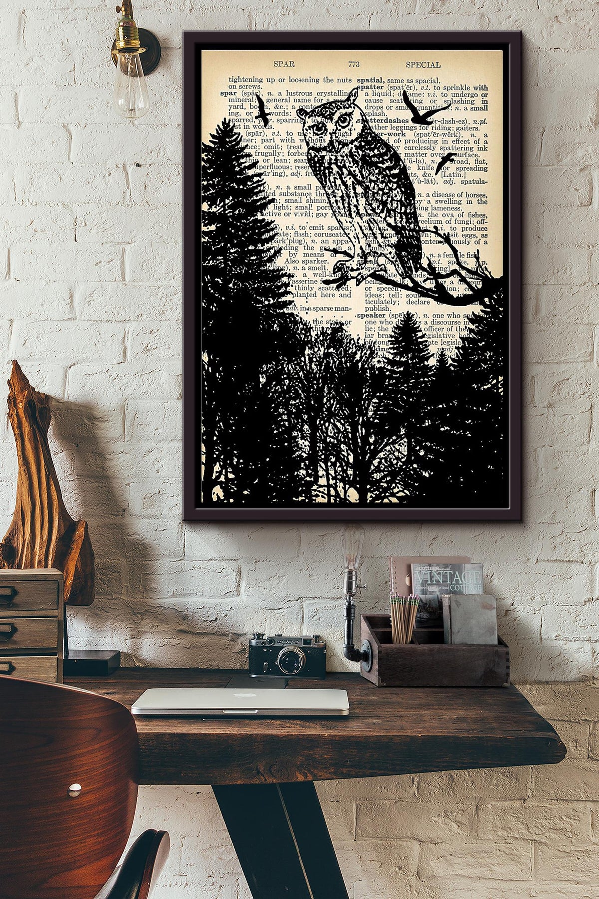 Owl And Forest Dictionary Poster Framed Matte Canvas
