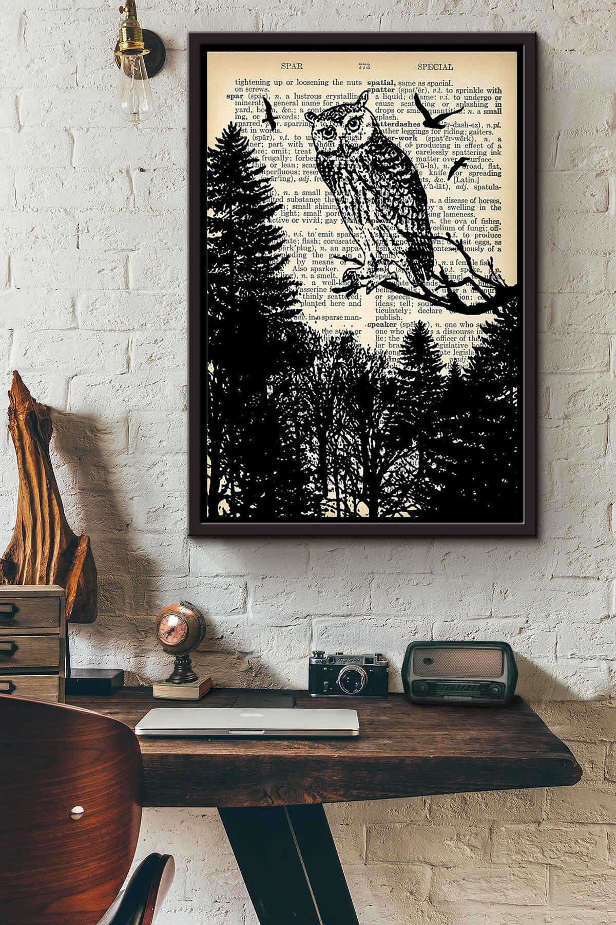 Owl And Forest Dictionary Poster Framed Matte Canvas