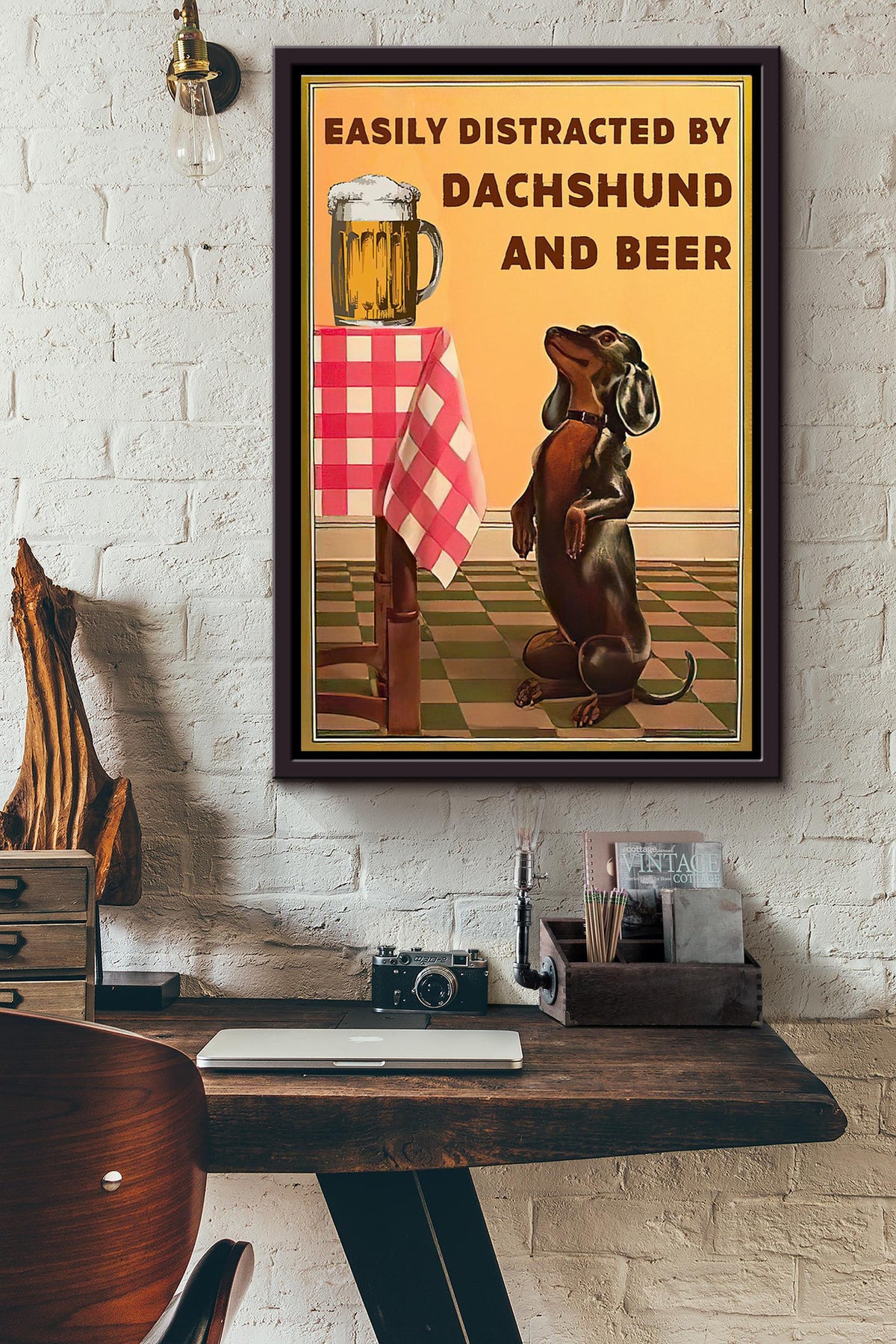 Easily Distracted By Dachshund And Beer Inspiration Poster Framed Matte Canvas