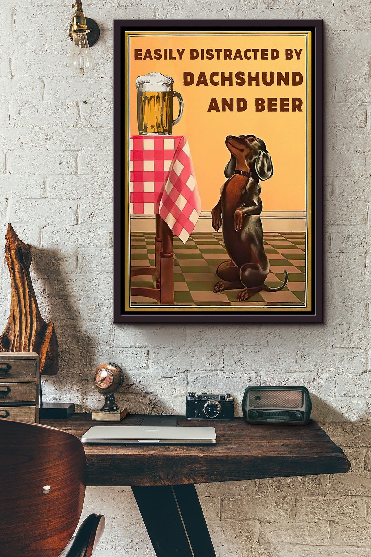 Easily Distracted By Dachshund And Beer Inspiration Poster Framed Matte Canvas