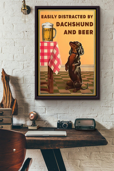 Easily Distracted By Dachshund And Beer Inspiration Poster Framed Matte Canvas