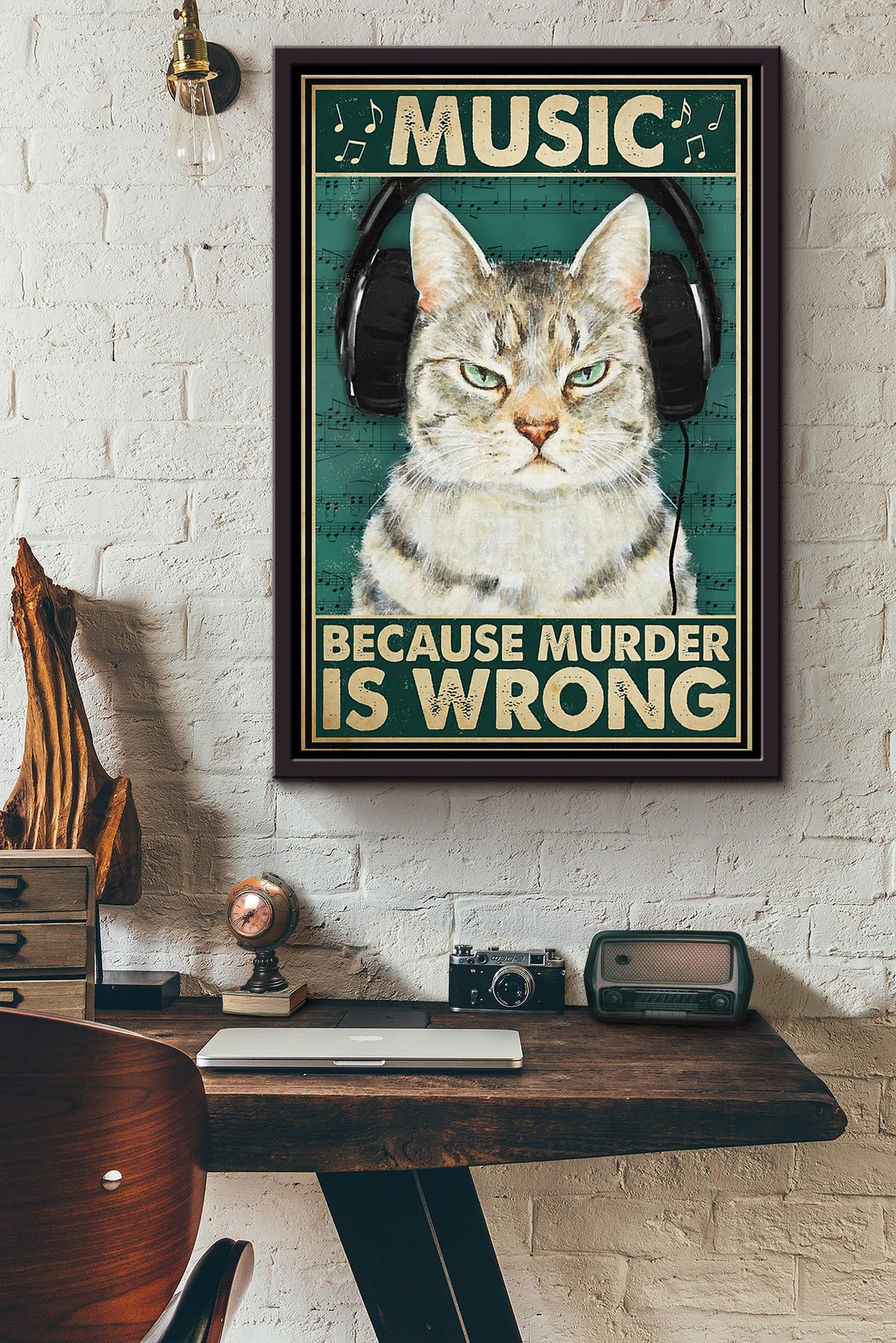 Music Because Murder Is Wrong Cat Poster Framed Matte Canvas