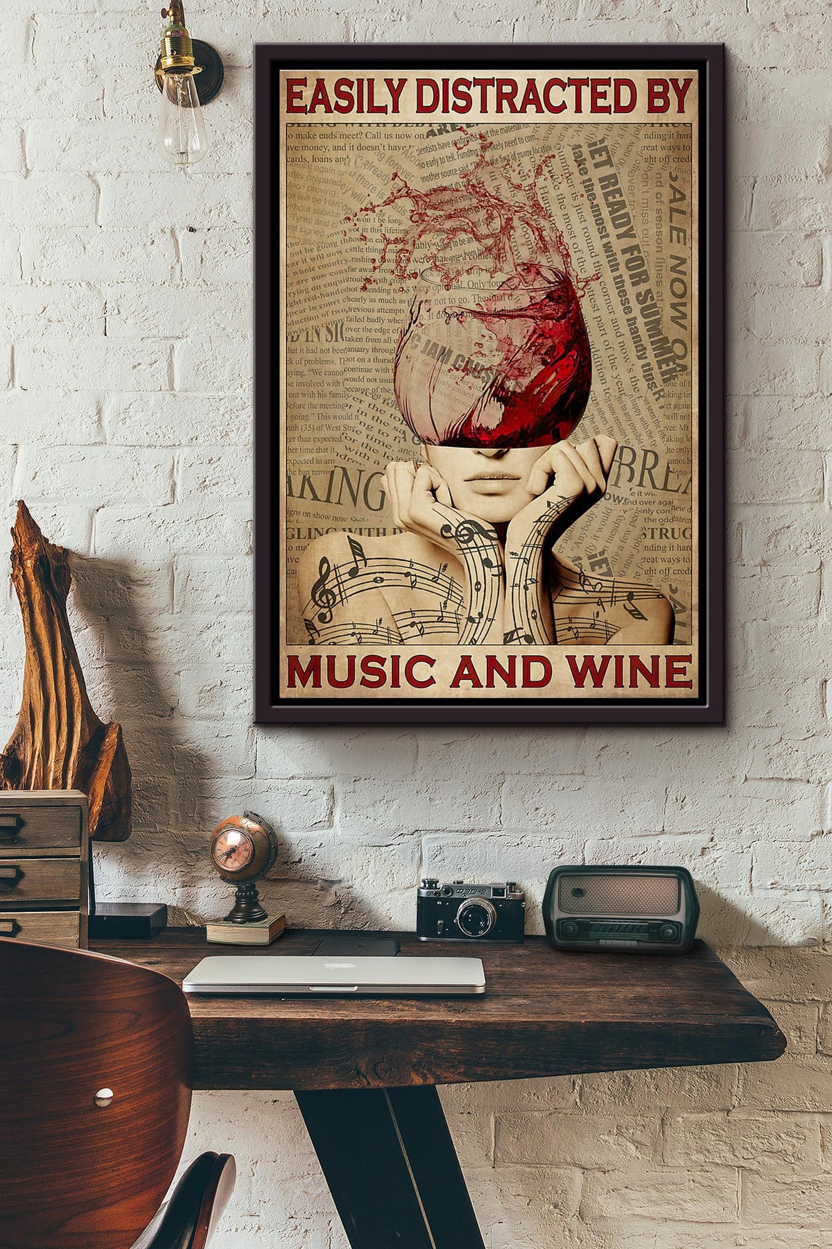 Easily Distracted By Music And Wine Summer Dictionary Poster Framed Matte Canvas