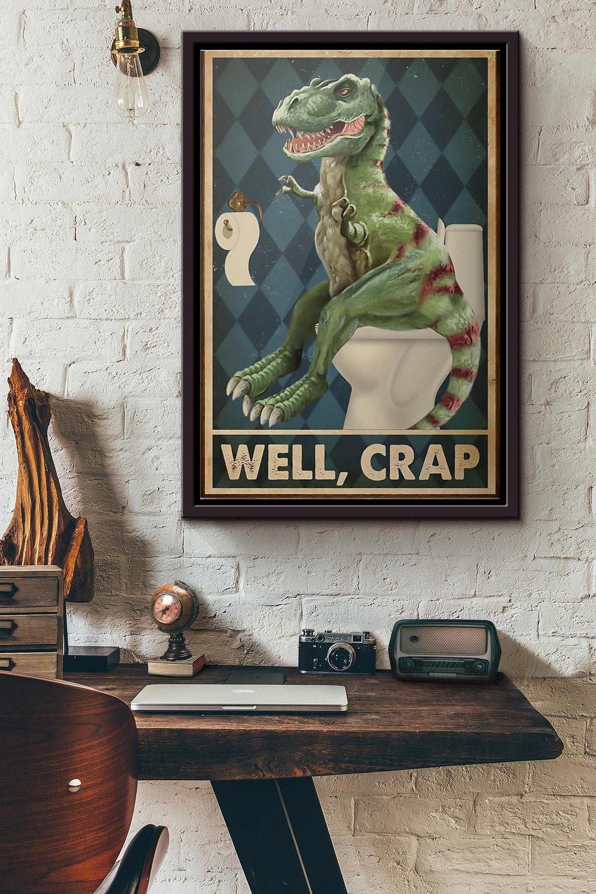 Restroom Dinosaur Well Crap Poster Framed Matte Canvas