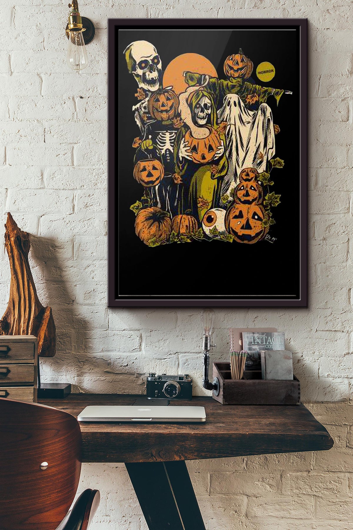Premium Skeleton Pumpkin Happy Halloween Poster Framed Matte Canvas