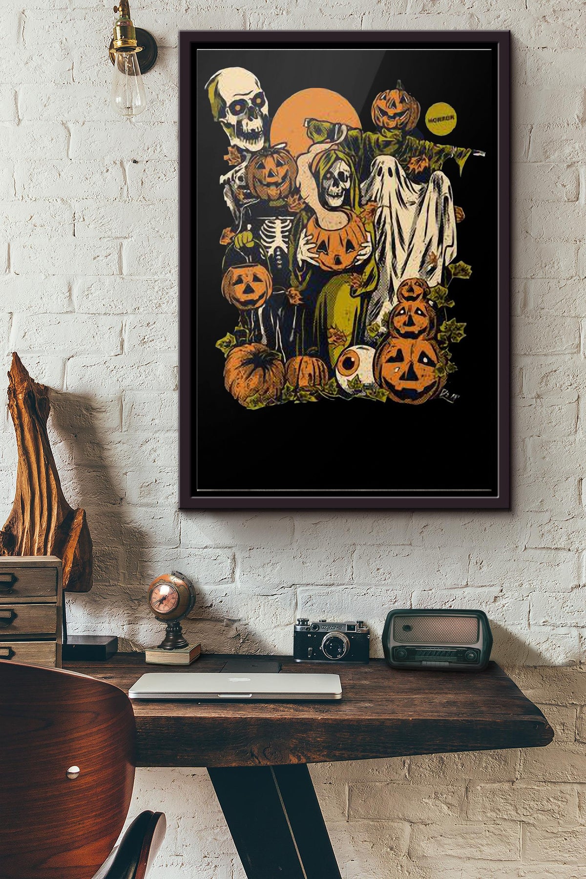 Premium Skeleton Pumpkin Happy Halloween Poster Framed Matte Canvas