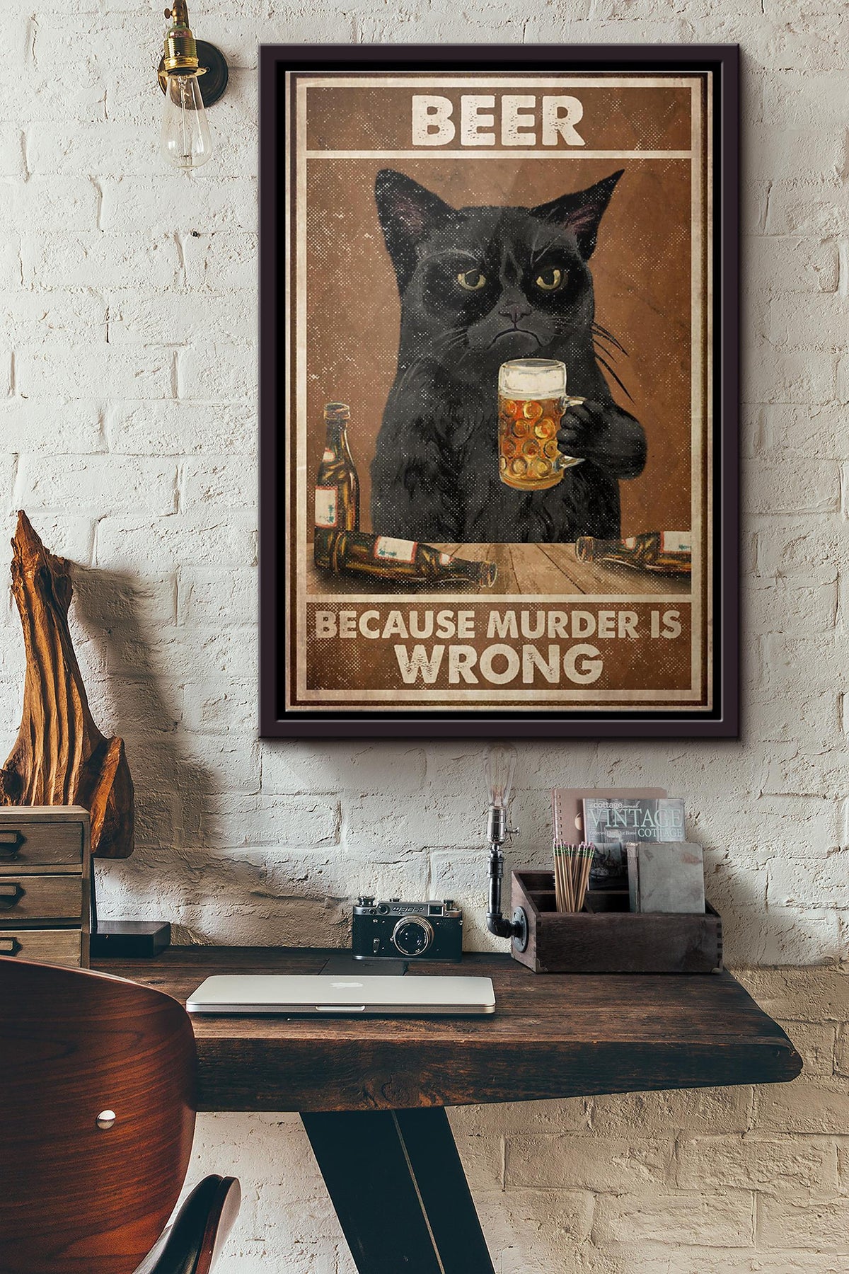 Black Cat Drink Beer Because Murder Is Wrong And Poster Framed Matte Canvas