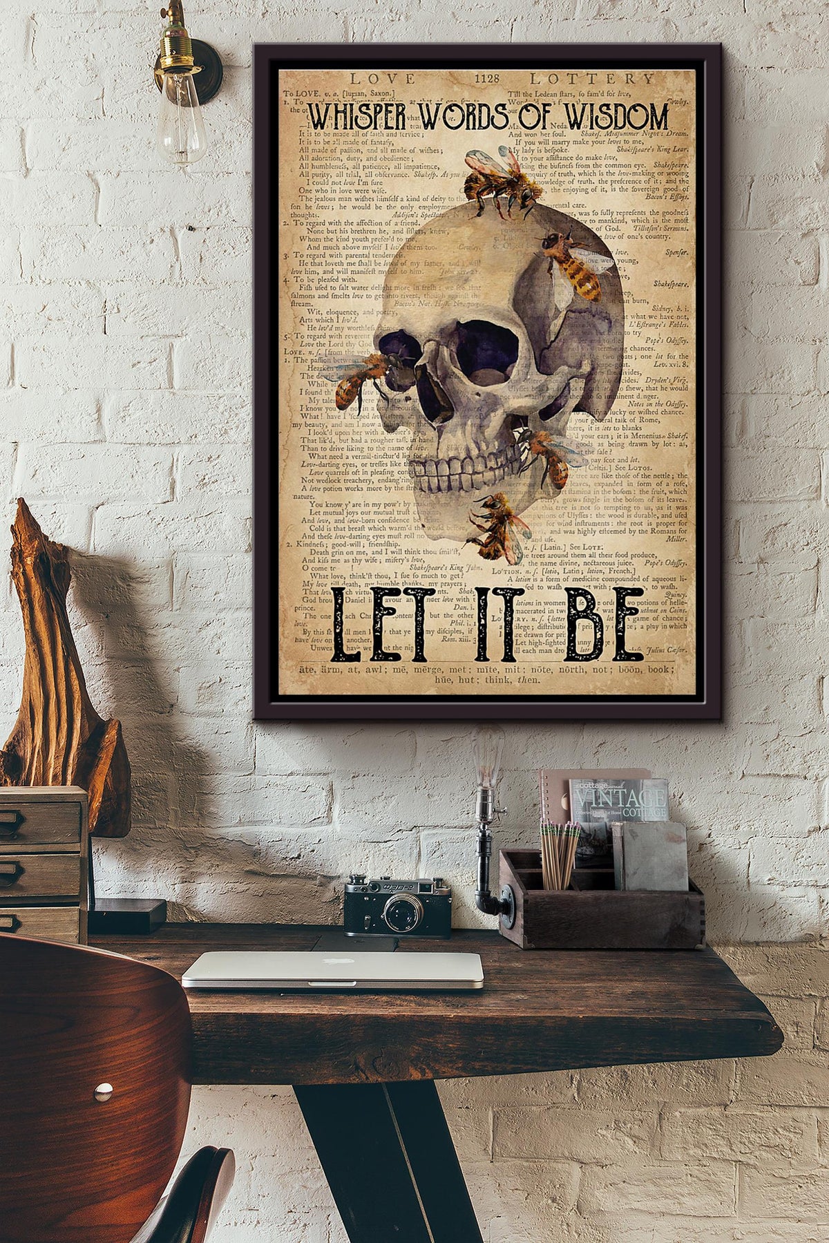 Whisper Words Of Wisdom Let It Be Skull Bee Dictionary Poster Framed Matte Canvas