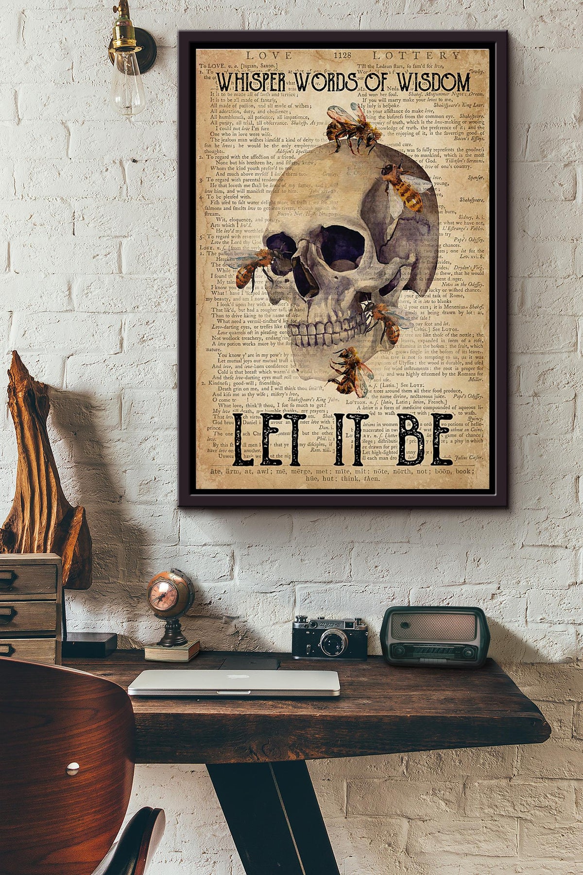 Whisper Words Of Wisdom Let It Be Skull Bee Dictionary Poster Framed Matte Canvas