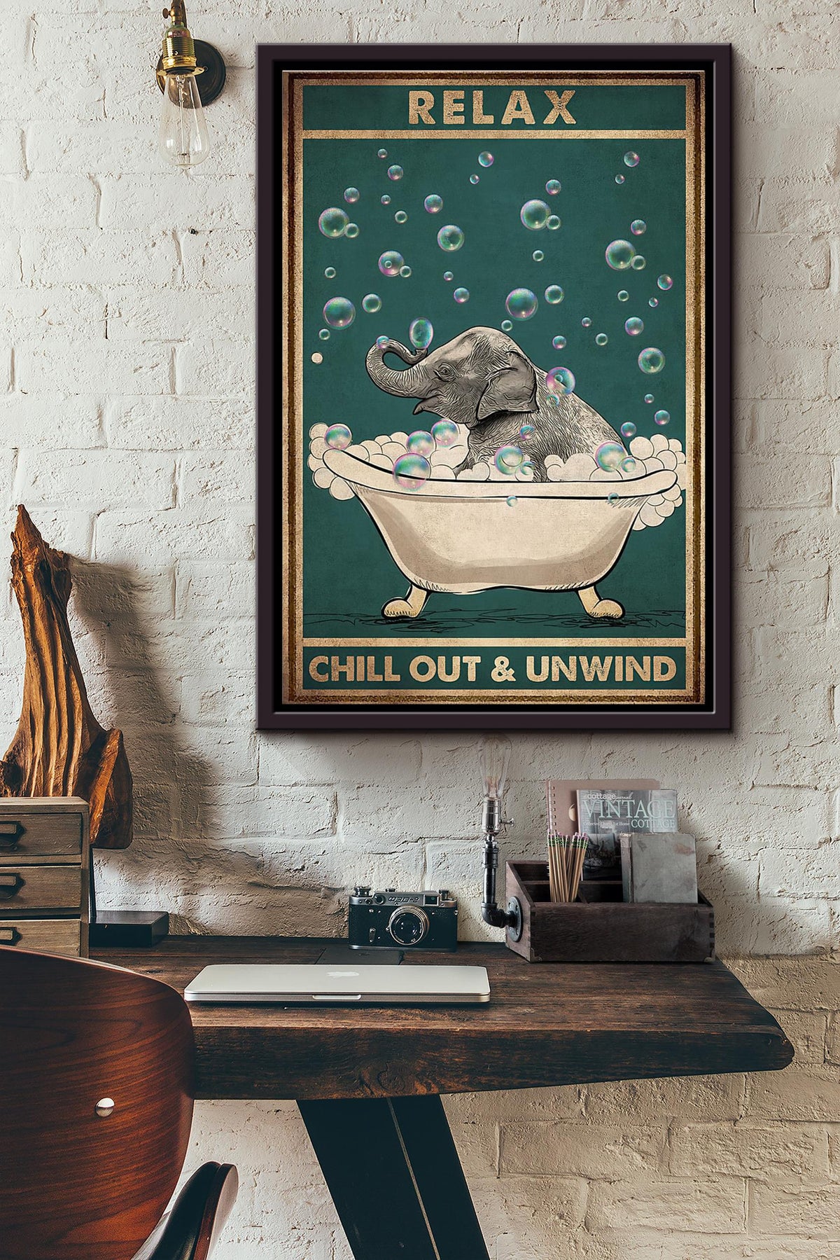 Elephant Bath Relax Chill Out And Unwind Poster Framed Matte Canvas