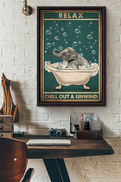 Elephant Bath Relax Chill Out And Unwind Poster Framed Matte Canvas