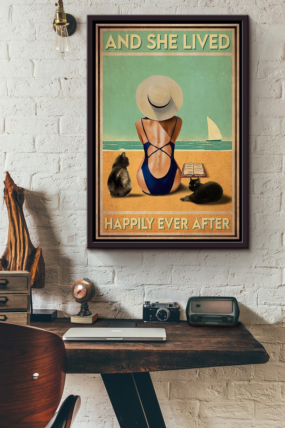 Sunbathing With Cats And She Lived Happily Ever After Poster Framed Matte Canvas