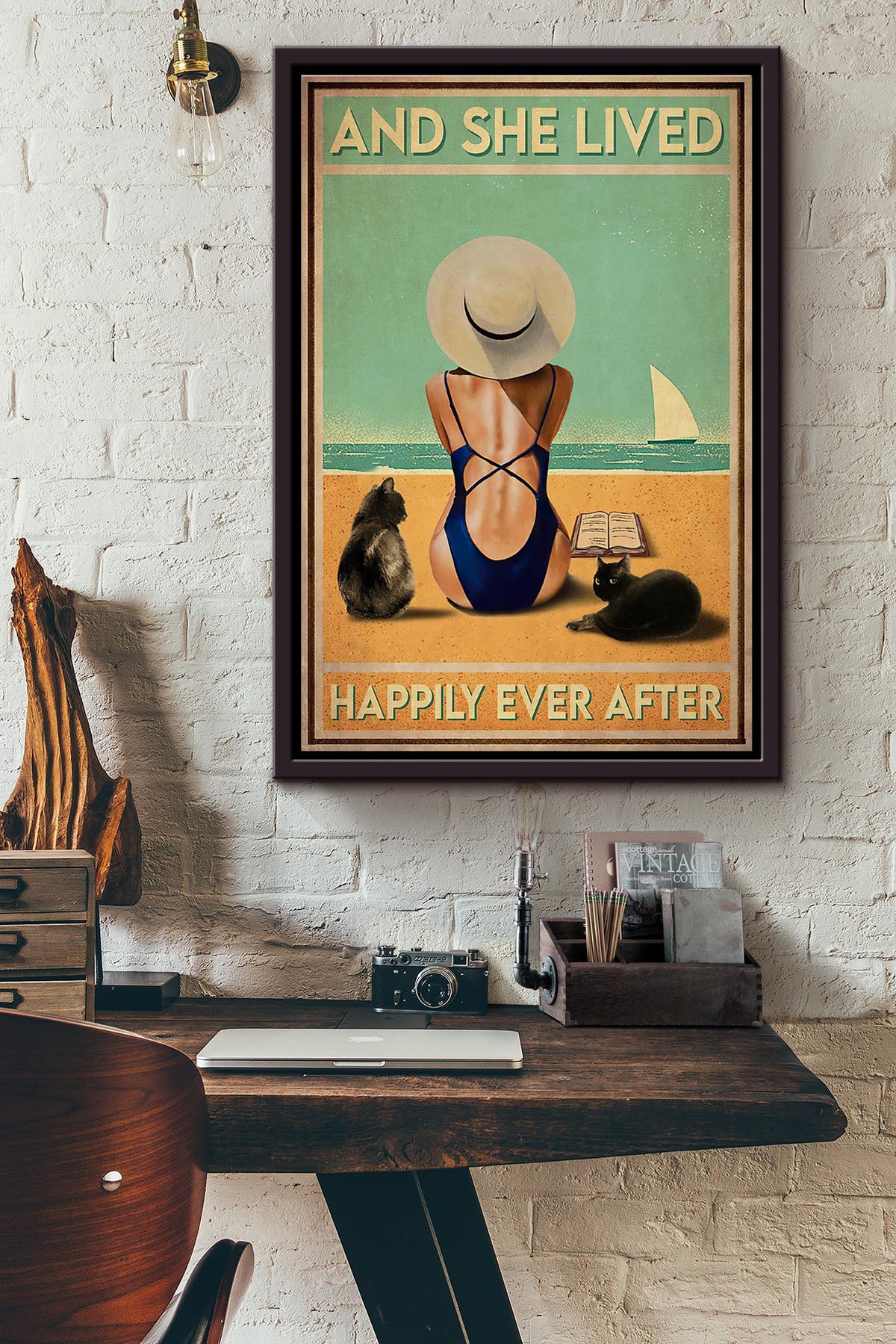 Sunbathing With Cats And She Lived Happily Ever After Poster Framed Matte Canvas