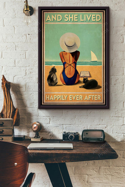 Sunbathing With Cats And She Lived Happily Ever After Poster Framed Matte Canvas