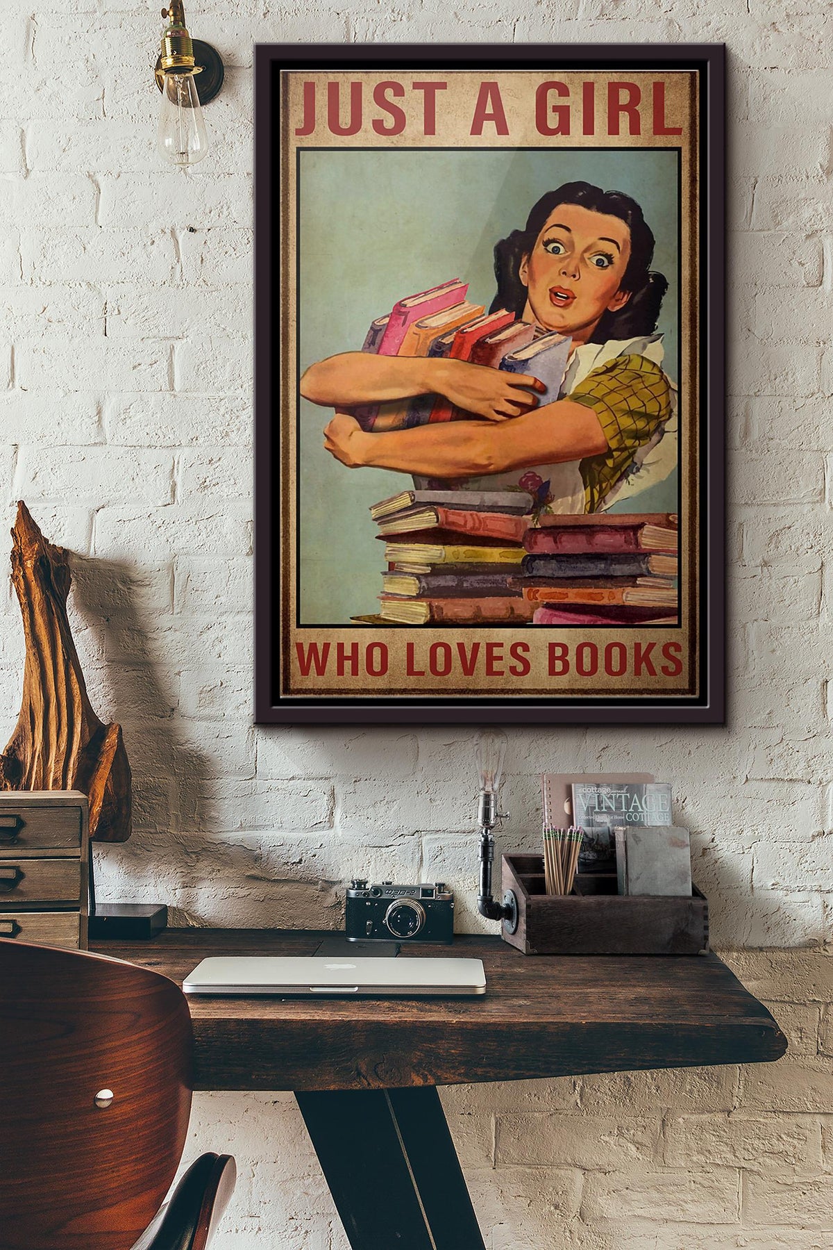 Vintage Just A Girl Who Loves Books Poster Framed Matte Canvas