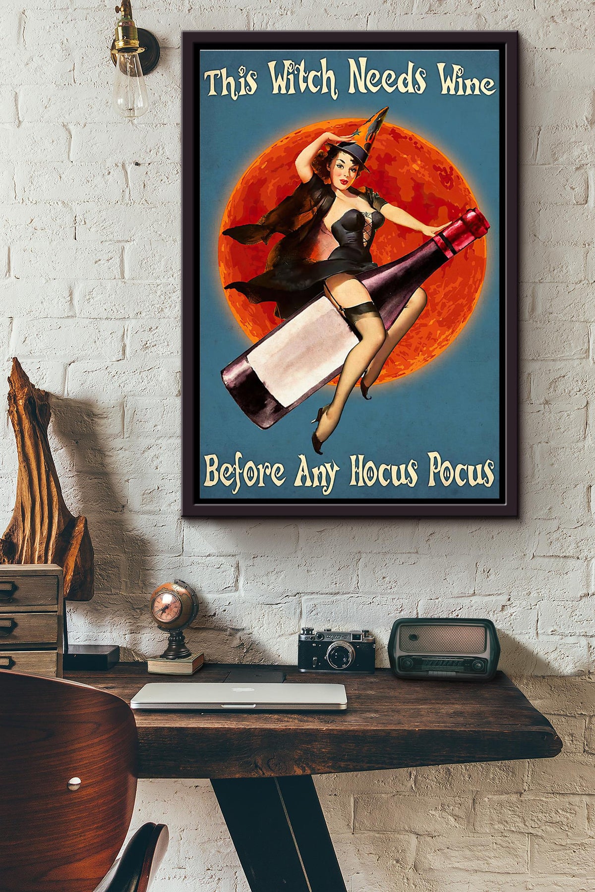 This Witch Needs Wine Before Any Hocus Pocus Blood Moon Poster Framed Matte Canvas