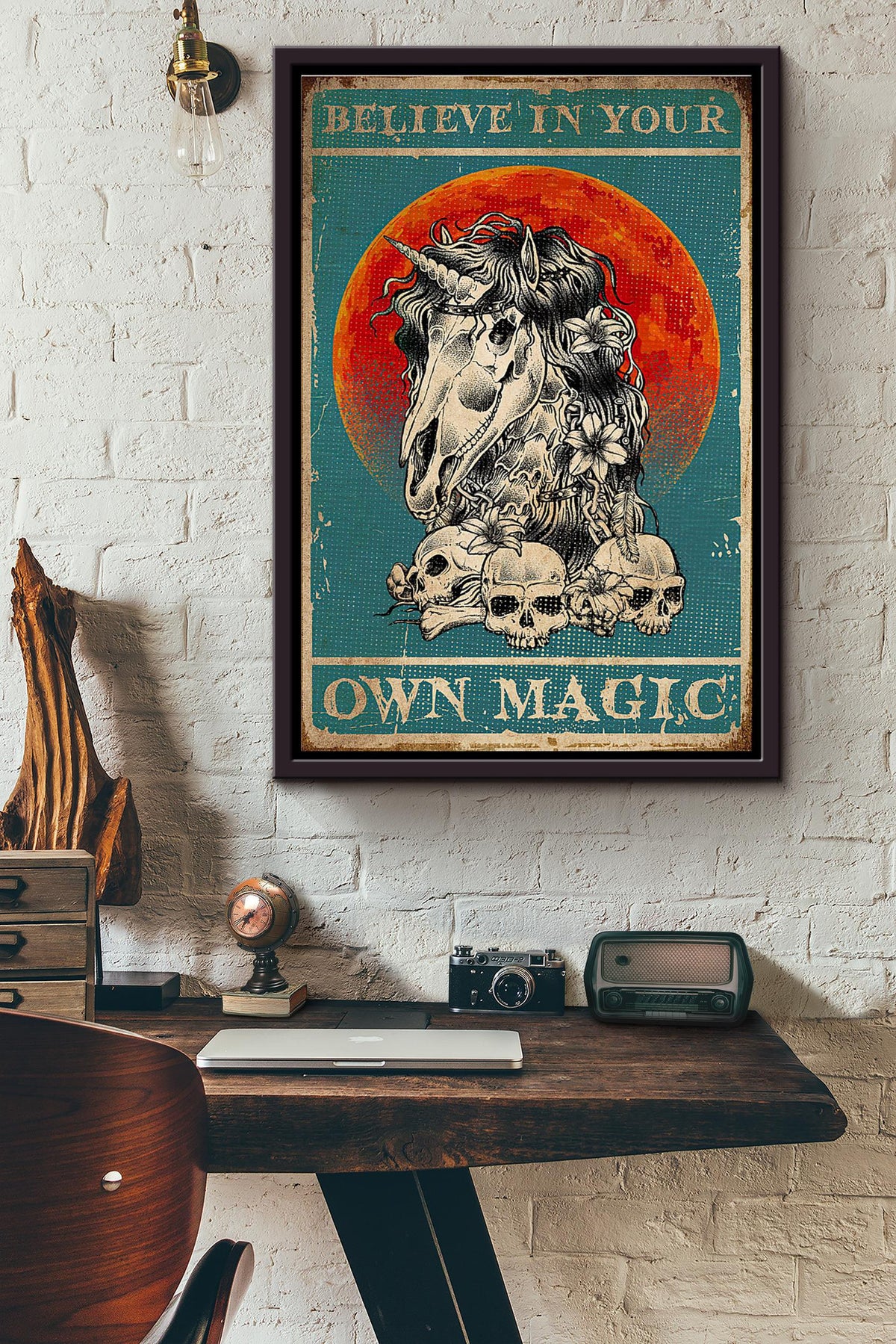 Believe In Your Own Magic Unicorn Skull Poster Framed Matte Canvas