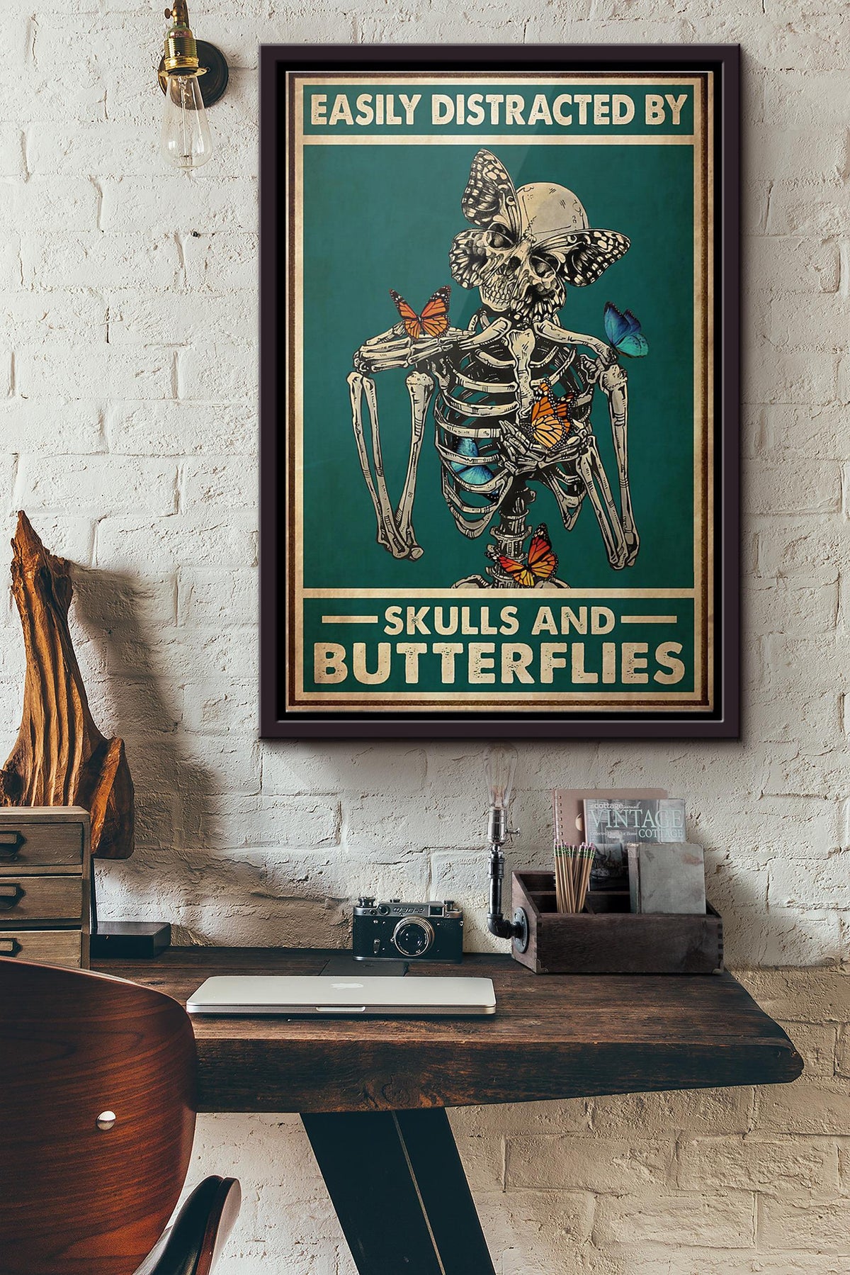 Easily Distracted By Skulls And Butterflies Poster Framed Matte Canvas