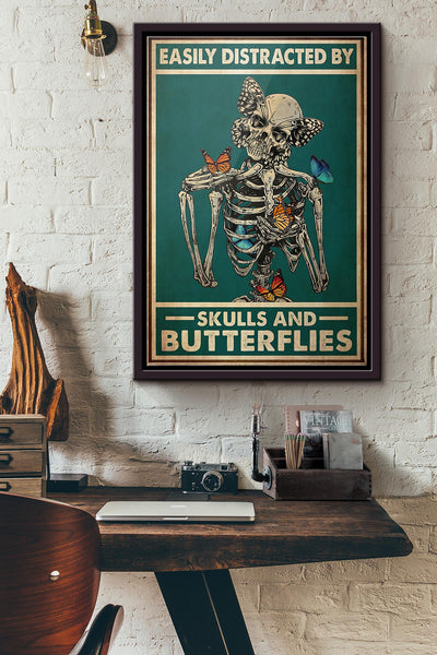 Easily Distracted By Skulls And Butterflies Poster Framed Matte Canvas