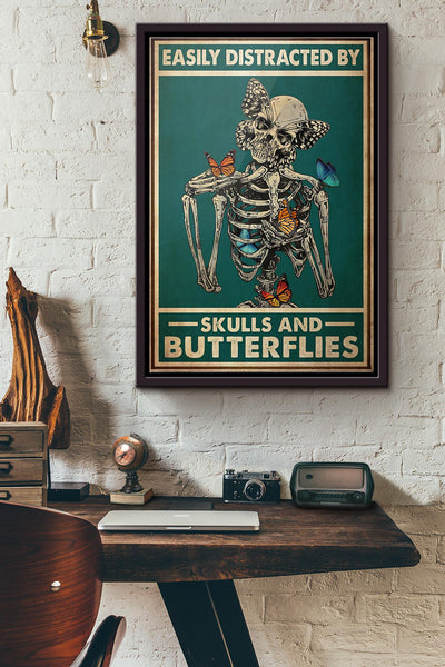 Easily Distracted By Skulls And Butterflies Poster Framed Matte Canvas