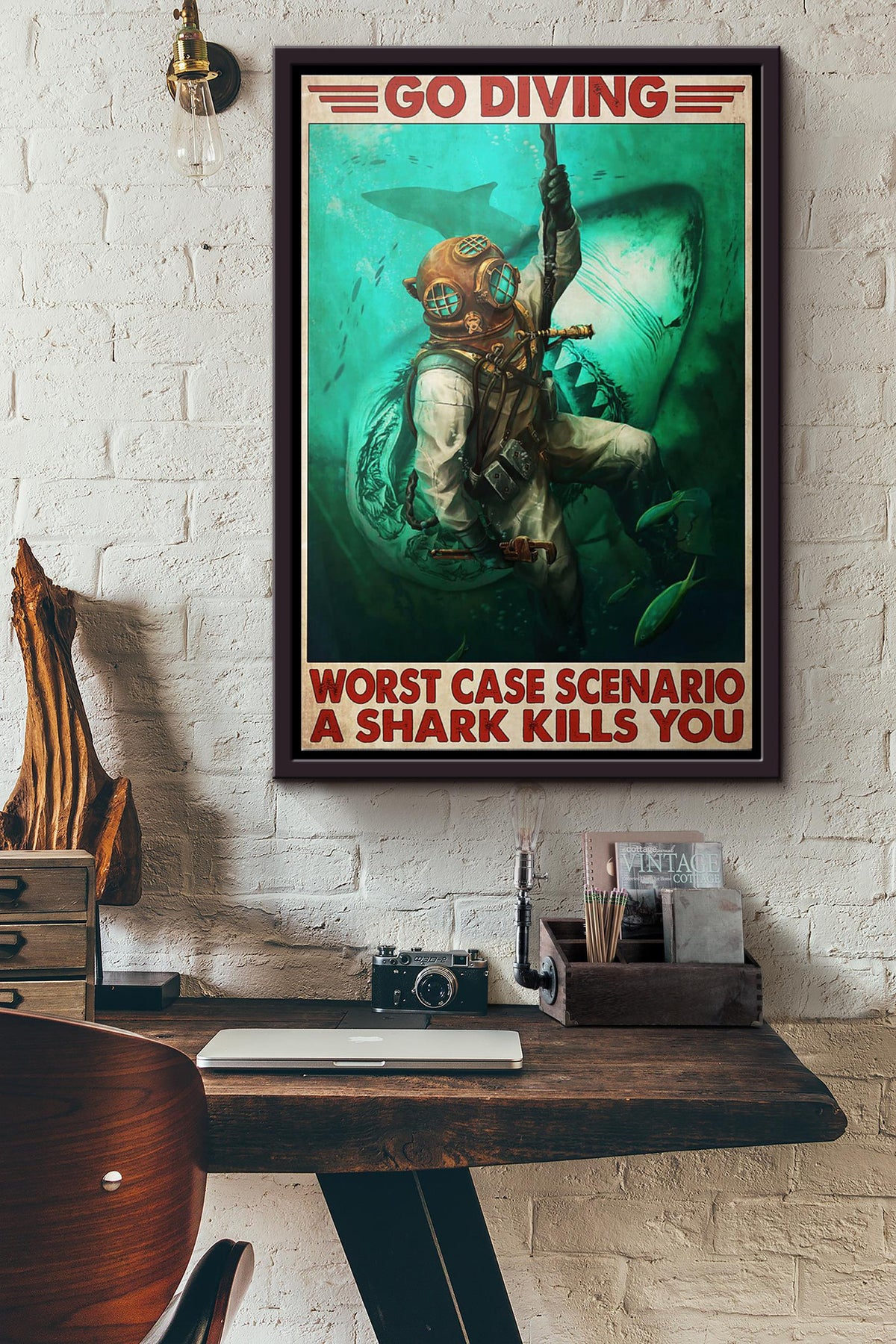 Go Diving Worst Case Scenario A Shark Kills You Poster Framed Matte Canvas