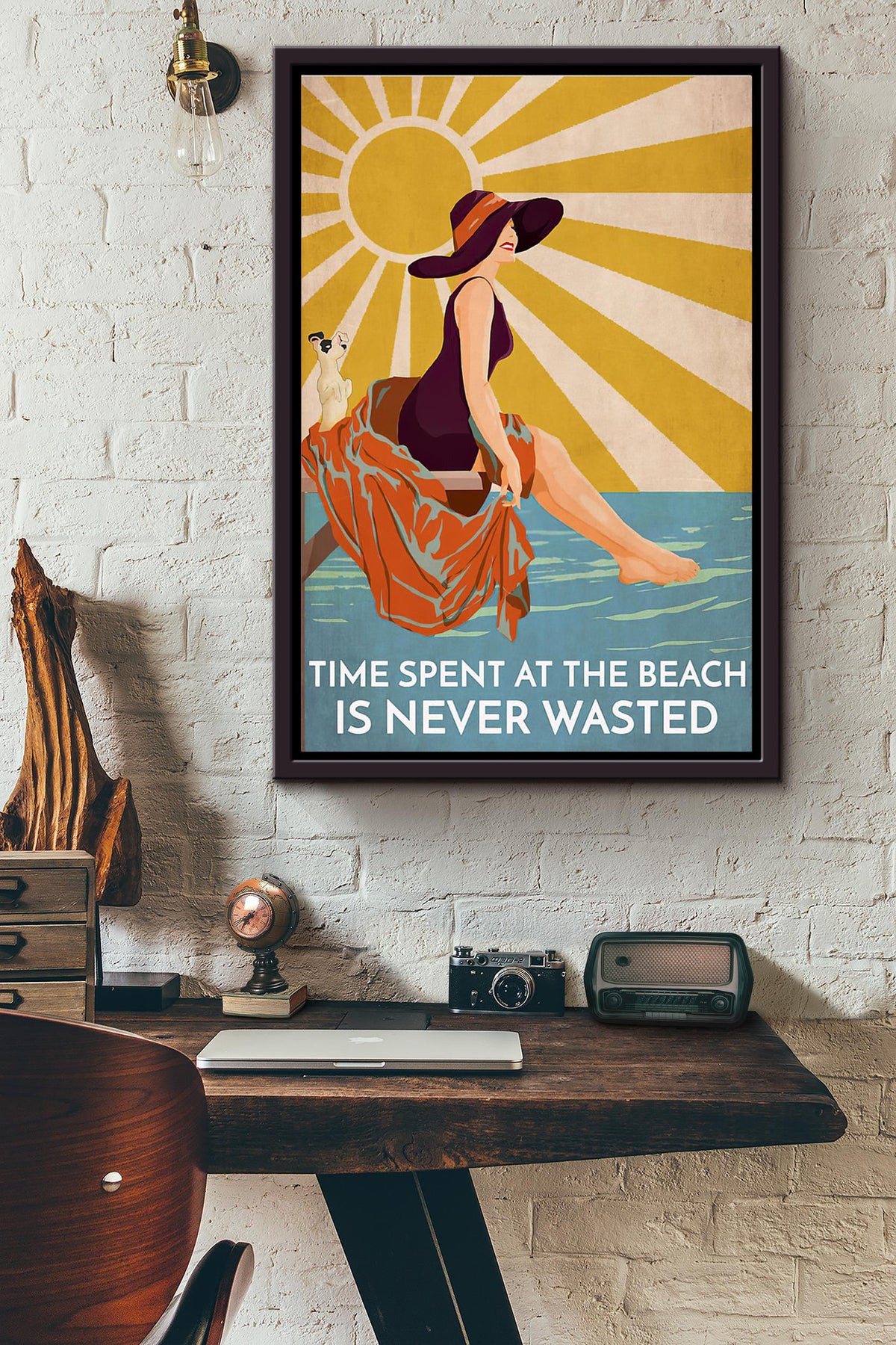 Sunburst Dog Time Spent At The Beach Is Never Waster Poster Framed Matte Canvas