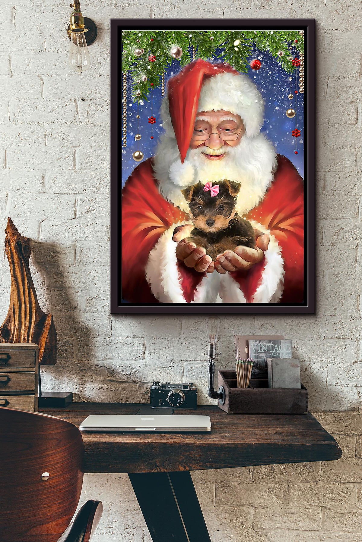 Yorkshire Terrier Cherish Santa Christmas Poster Framed Matte Canvas