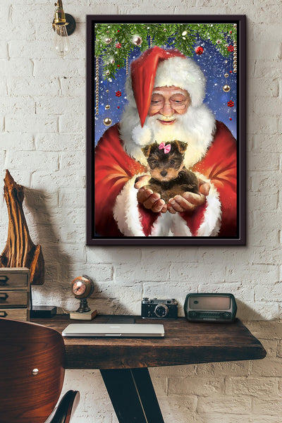 Yorkshire Terrier Cherish Santa Christmas Poster Framed Matte Canvas